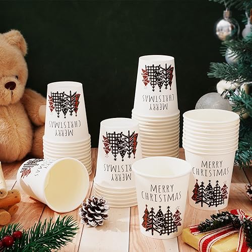 Miniatura 7 de Whaline 50 vasos desechables de Navidad, diseño de búfalo rojo y negro, diseño de árbol de Navidad, suministros rústicos de invierno para fiestas,