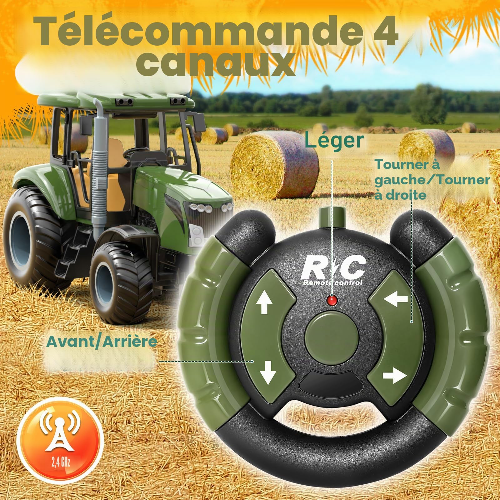 Tracteur télécommandé RC avec remorque, jouet de ferme avec animaux et figurines, commande 2.4GHz et 2 batteries , tracteur jouet pour enfants dès 3 ans, cadeau amusant pour les fêtes ou anniversaire
