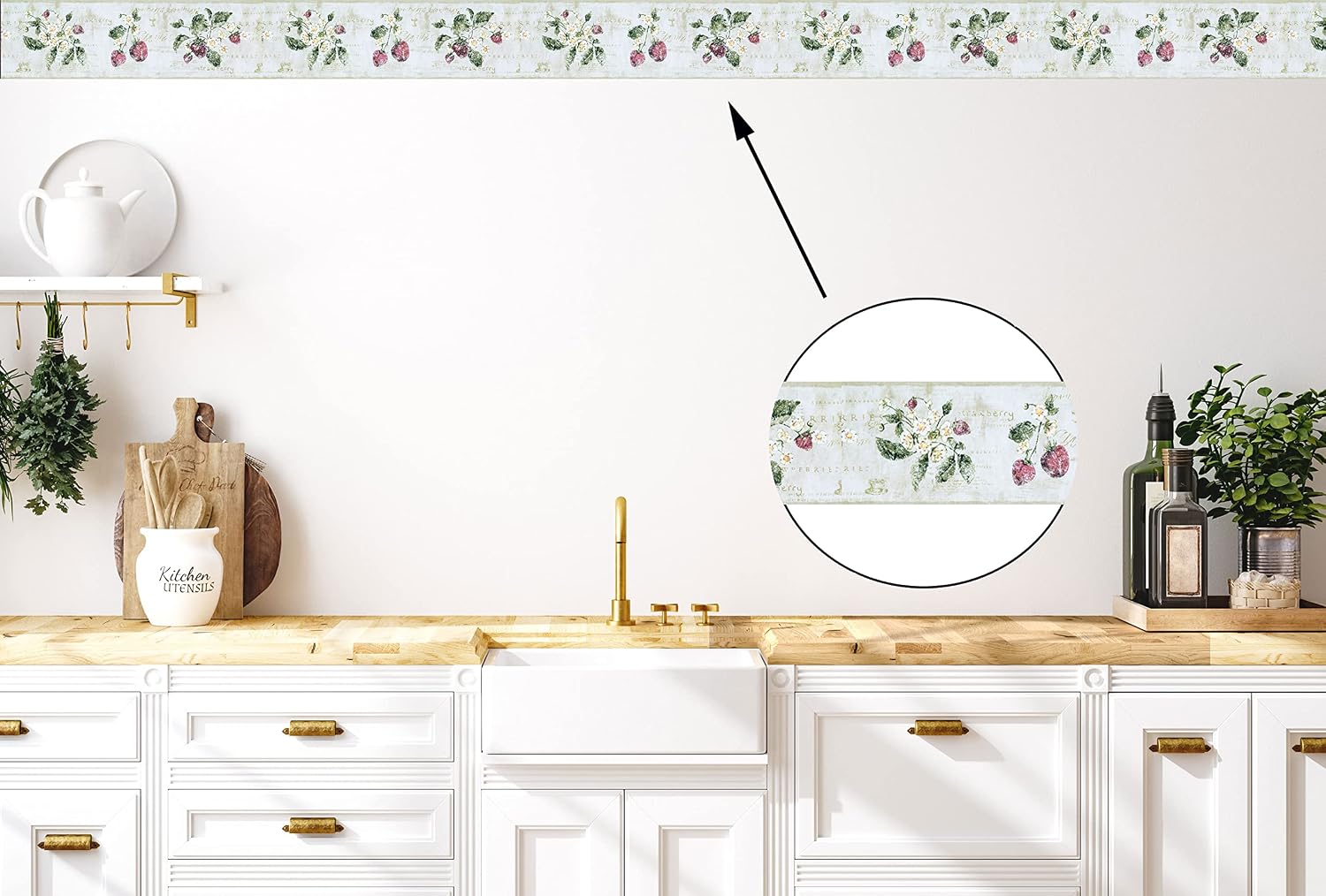 CONCORD WALLCOVERINGS ™ Wallpaper Border Floral Pattern Strawberry Flowers Leaves Words for Kitchen Dining Area Cottage Farmhouse, Gray Beige Red Green, 15 ft by 7 in RY3291B