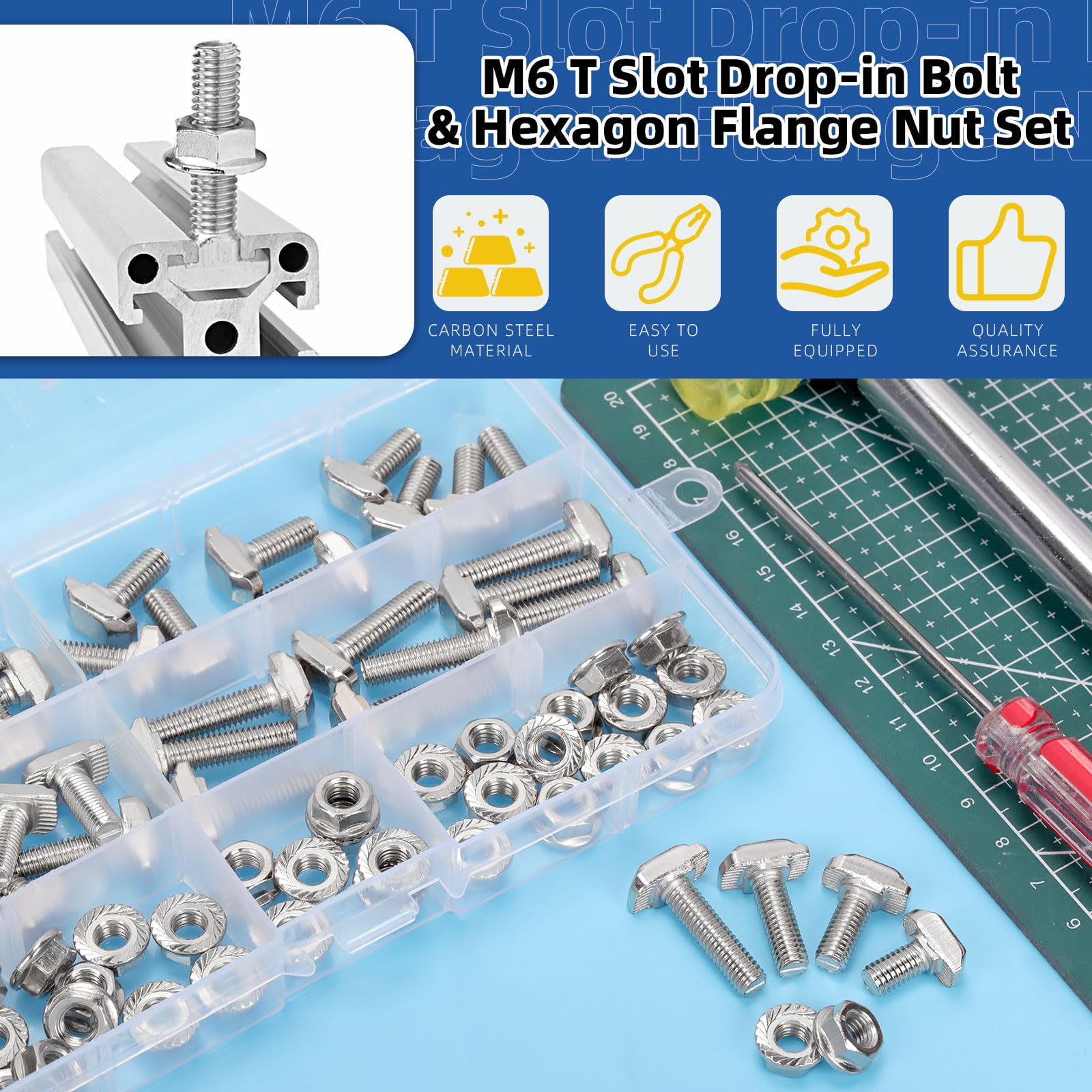 Glarks 80 pernos M6 con ranura en T con juego de tuercas de brida hexagonal, perno en T de cabeza de martillo de 12/16/20/25 mm, tornillo deslizante en forma de T, perno de tornillo en T para perfil