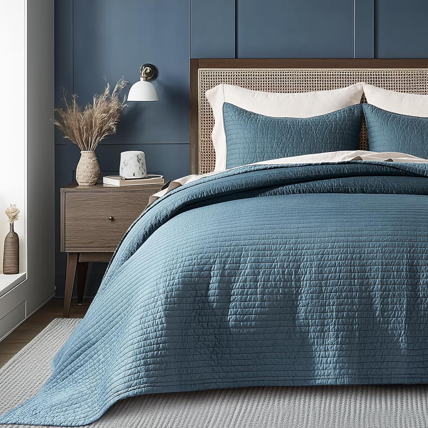 EVERGRACEHOME Cotton Sateen Quilt Set King Size, Pre-Washed Cotton Channel Stitch Coverlet Bedspread, 3 Pieces Lightweight Soft Bedding Sets for All Season, with 2 Pillow Shams, Sonoma Blue