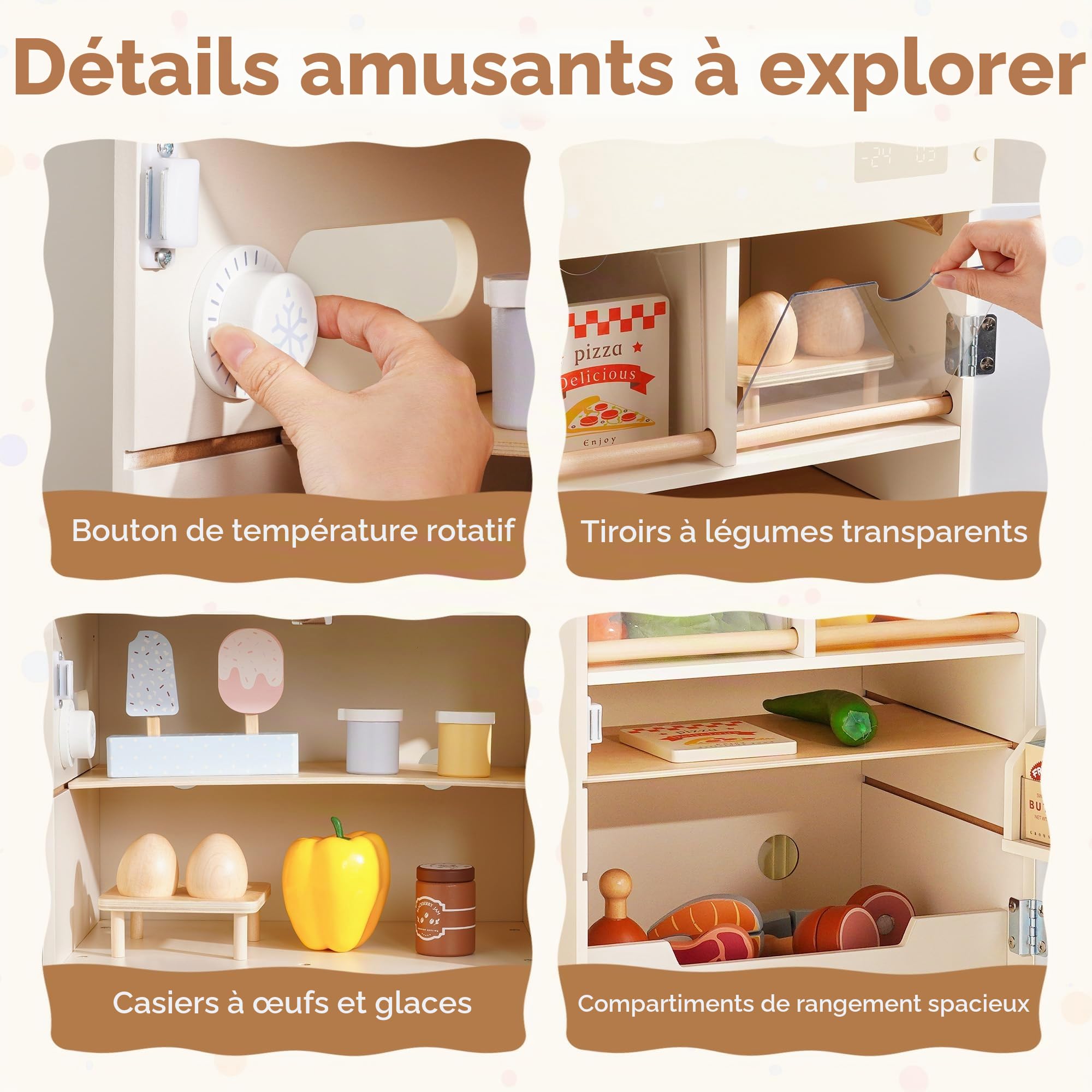 ROBUD Ensemble de Jeu réfrigérateur en Bois pour Enfants, avec Tableau Noir, Compartiment congélateur et Accessoires, réfrigérateur de Jeu pour la Cuisine, pour Les garçons Les Filles 3+