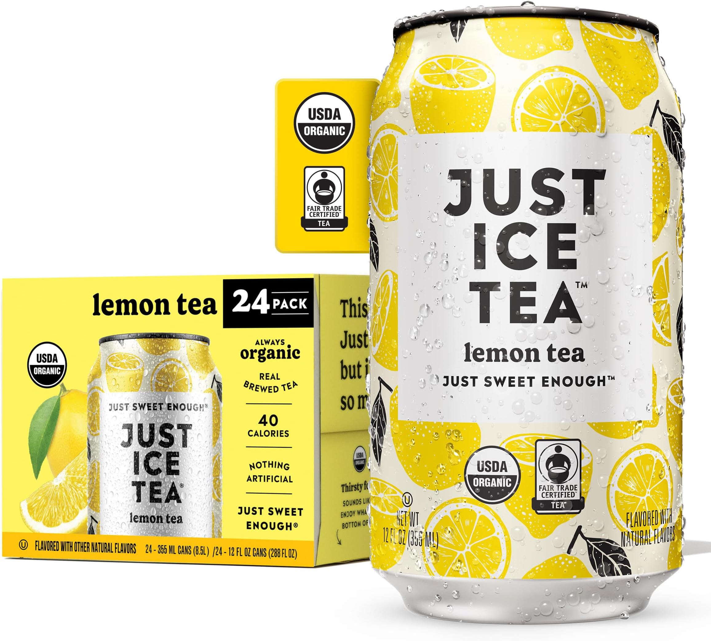 Lemon Flavored Black Iced Tea, 24-Pack (12oz Cans), USDA Certified Organic, Real Brewed, Low Calorie, No Artificial Sweeteners, Fair Trade, Made in USA.