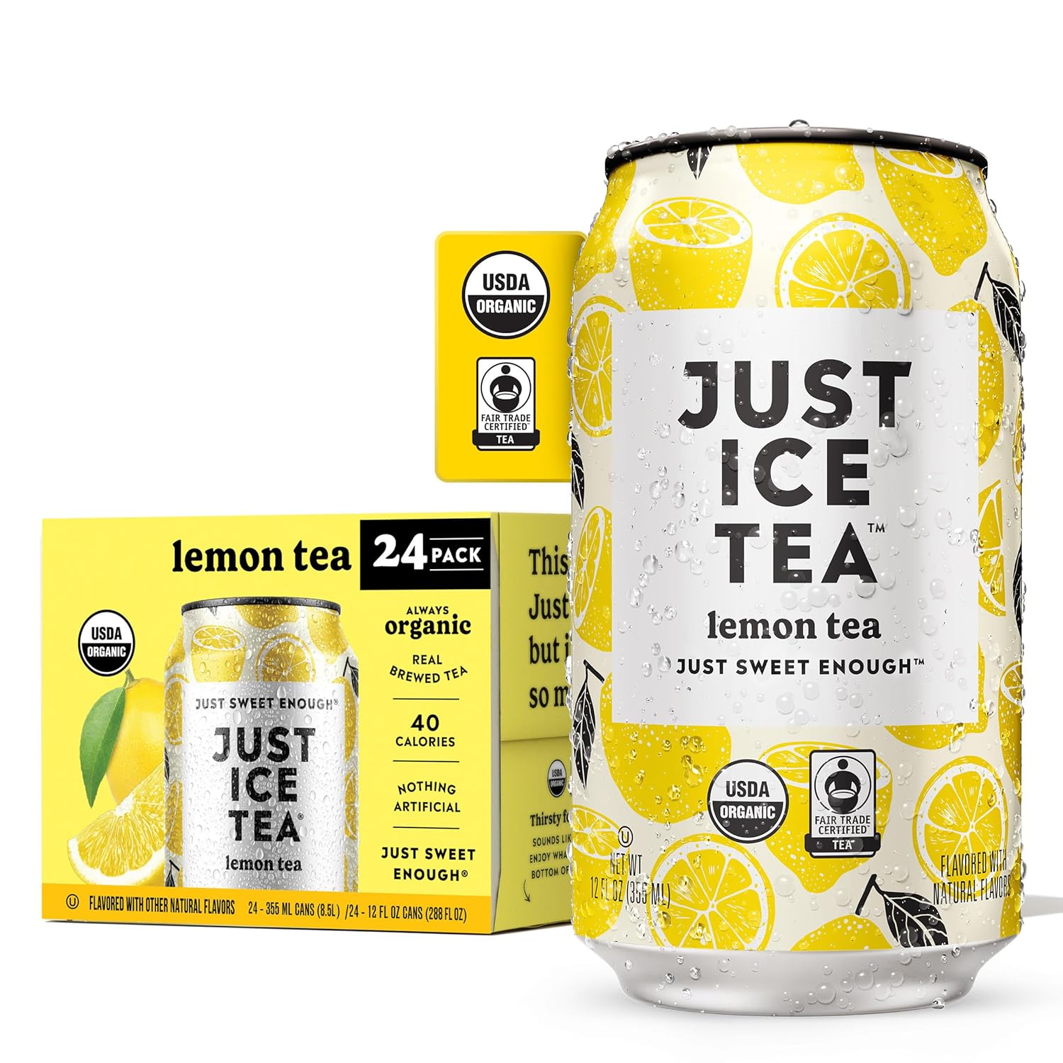 Just Ice Tea, Lemon Flavored Black Iced Tea, 24-Pack (12oz Cans), USDA Certified Organic, Real Brewed, Low Calorie, No Artificial Sweeteners, Fair Trade, Made in USA.