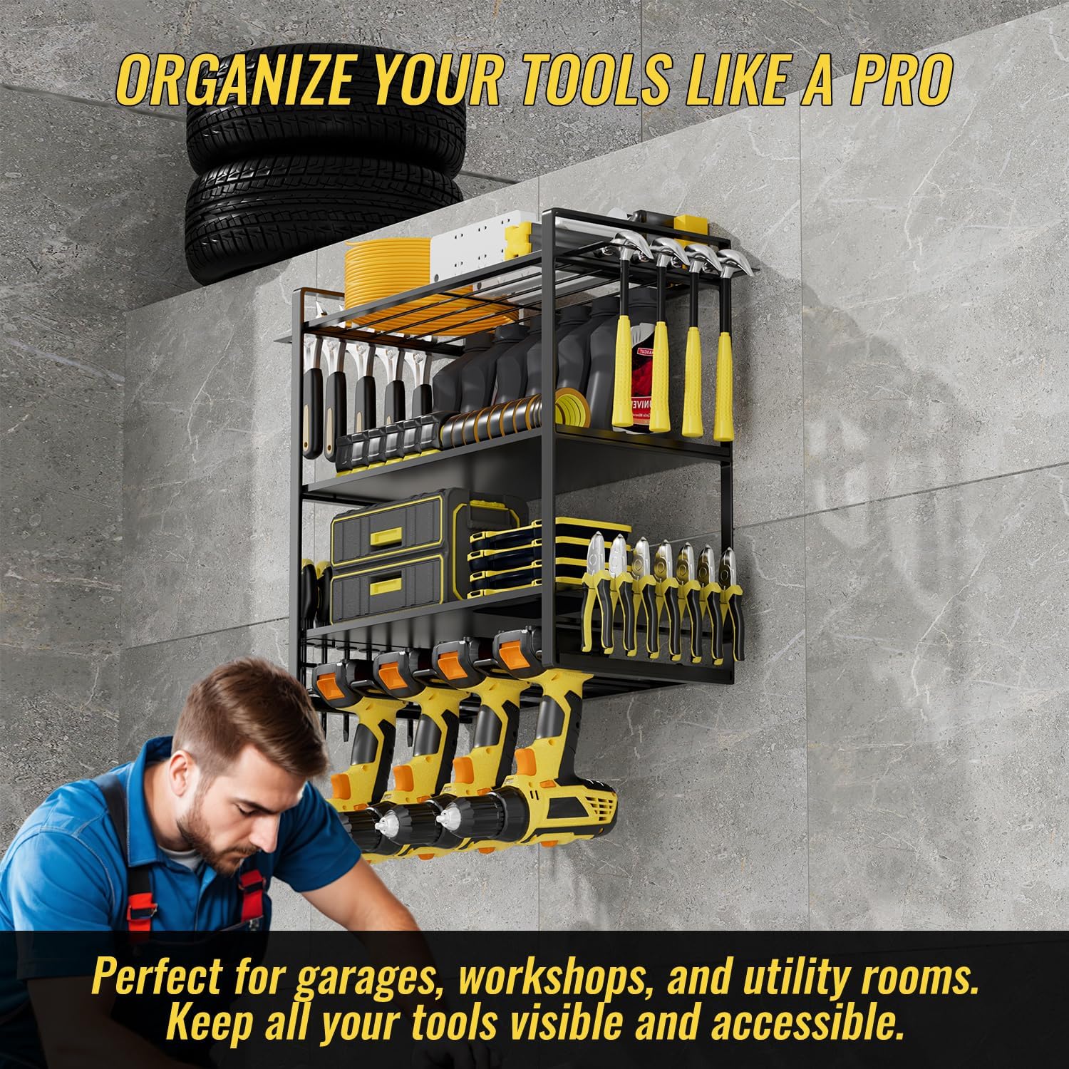 Power Tool Organizer Wall Mount, 4 Layers Garage Tool Storage Rack with 8 Drill Holders, 600Lbs Capacity Cordless Tool Holder for Drill, Power Tool, and Garage Tool Storage (4 Layers-8 Slots)