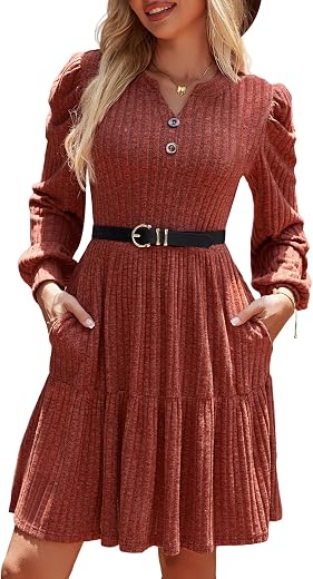 UEAL Womens Puff Long Sleeve Fall Dresses 2026 Winter Button Down Knit Sweater Dress with Pockets