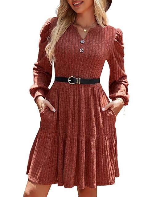 UEAL UEAL Fall Dresses for Women 2025 Puff Long Sleeve Empire Waist Winter Sweater Dress Large Caramel