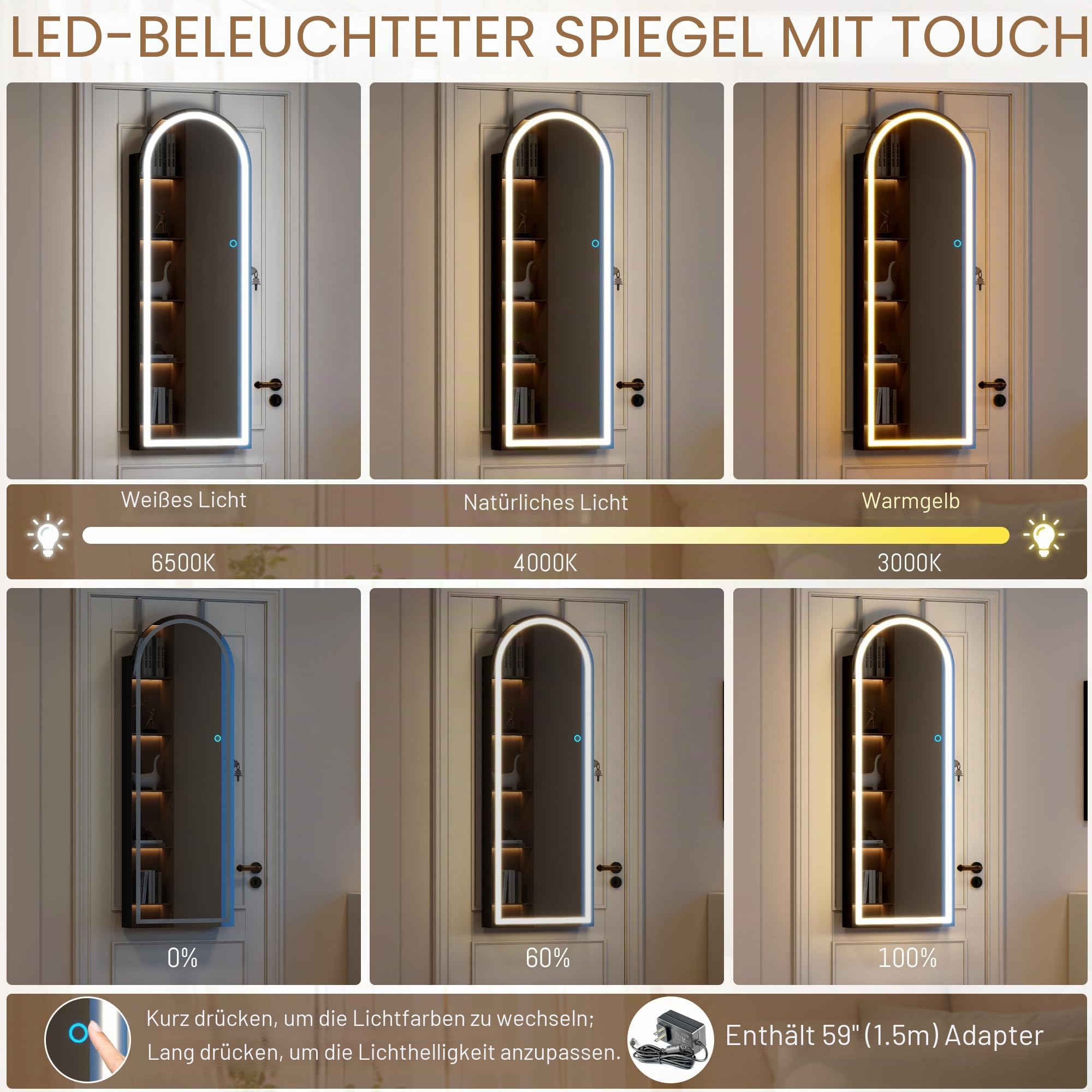 LVSOMT LED Gewölbter Schmuckschrank Hängend, Schmuckschrank mit Spiegel und Licht, Wand/Tür Hängend Schmuck Schrank Abschließbarer, Bogen Spiegel mit 3 Farben Licht, Höhenverstellbarer Haken, Schwarz