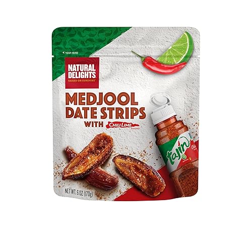 Natural Delights Medjool - Tiras de dátiles con Tajin, rebanadas de dátiles frescas Medjool con condimento de lima y chile Tajin, aperitivo de