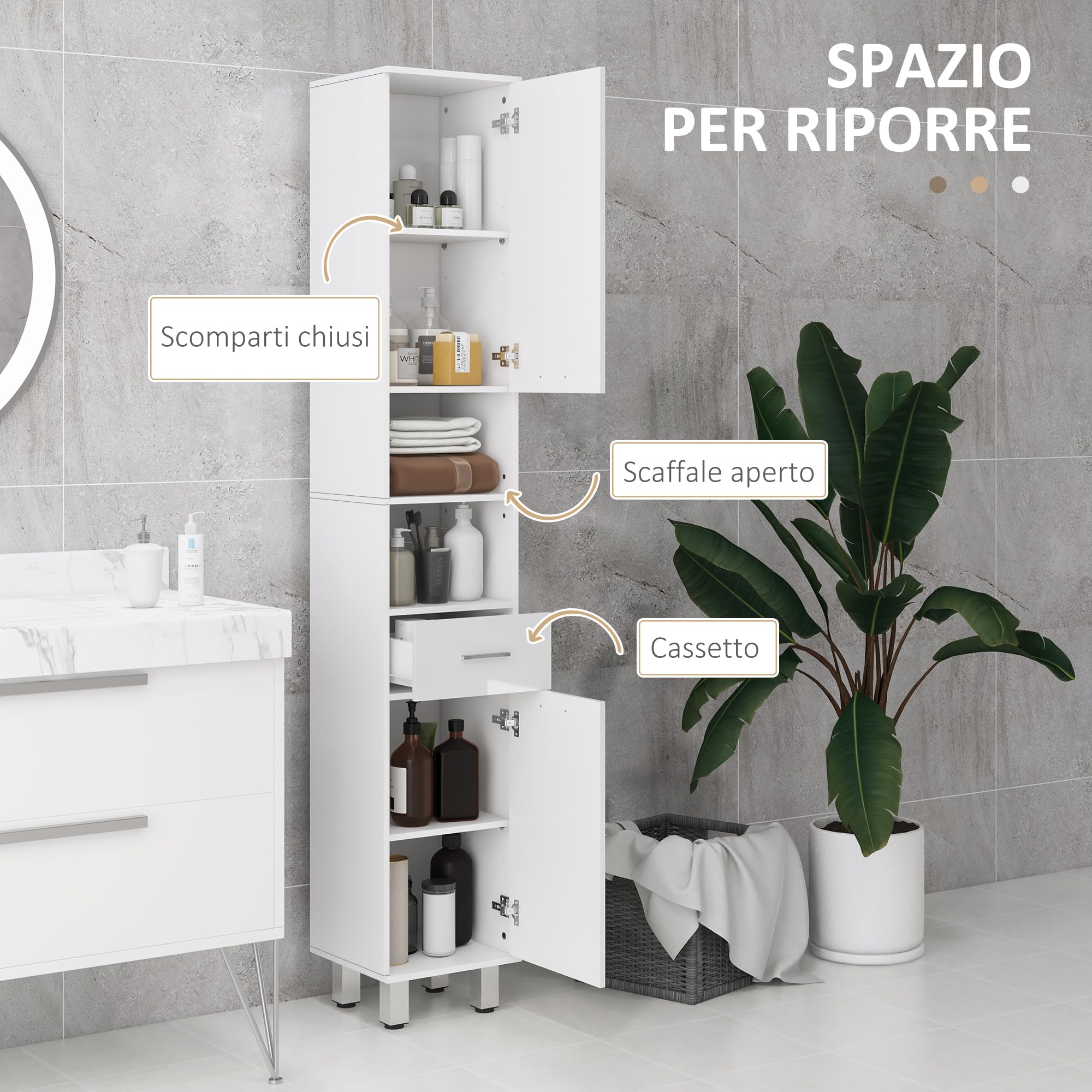 kleankin Mobiletto Bagno Salvaspazio a Colonna, Mobile Bagno con Cassetto, 2 Ripiani Aperti, 2 Armadietti, Ripiani Regolabili, per Sala da Pranzo Salotto Soggiorno Cucina, 30x30x180cm, Bianco Lucido
