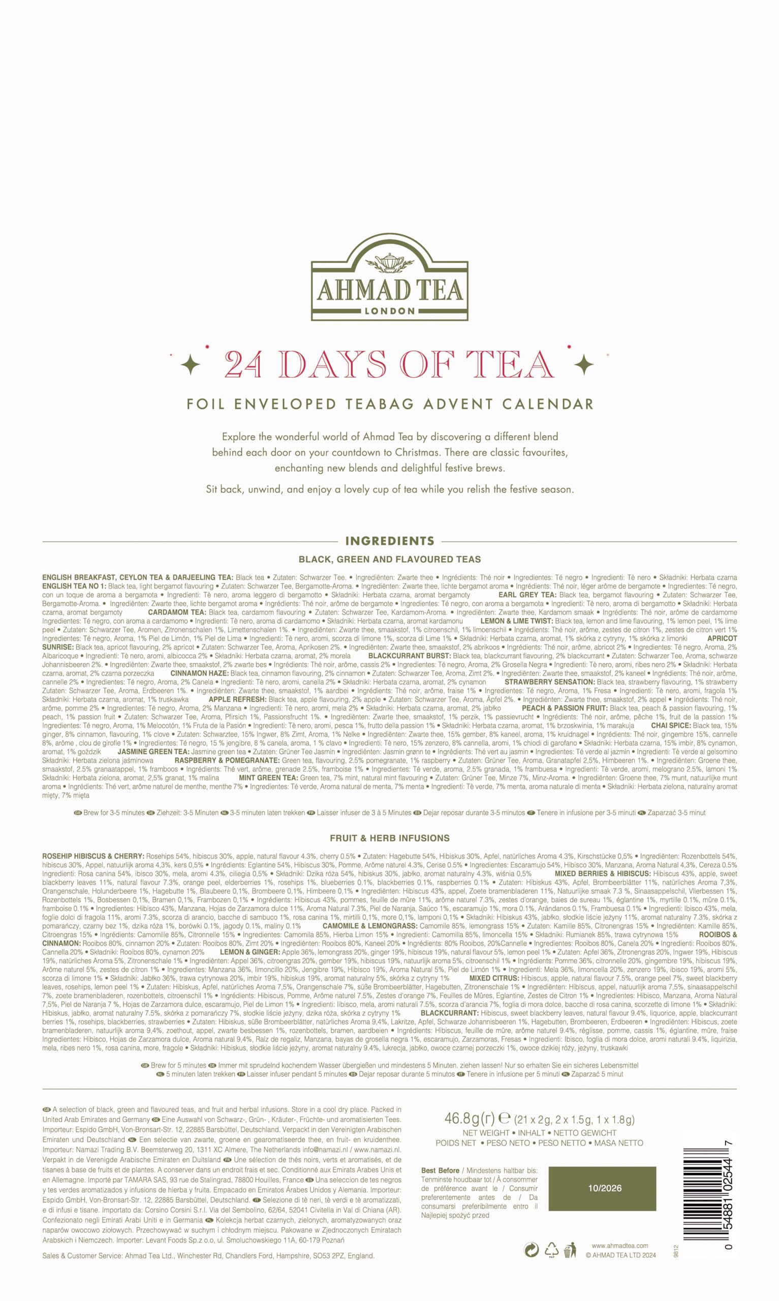 Ahmad Tea Té Calendario de Adviento 2025 - Calendario de Escritorio Plegable - 24 Bolsitas de Té Diferentes - 46,8g