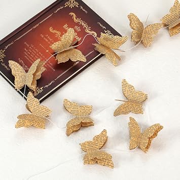 3D Paper Butterfly Garland Recycled Book Newspaper Hanging Garland Bunting Banner Party Decorations Wedding Baby Shower Home Decor 4 Pack Brown