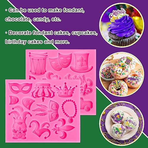 Miniatura 4 de Whaline 2 moldes de fondant de Mardi Gras para mascarada máscara de plumas de corona de flor de lis con patrón de molde de silicona 3D molde de