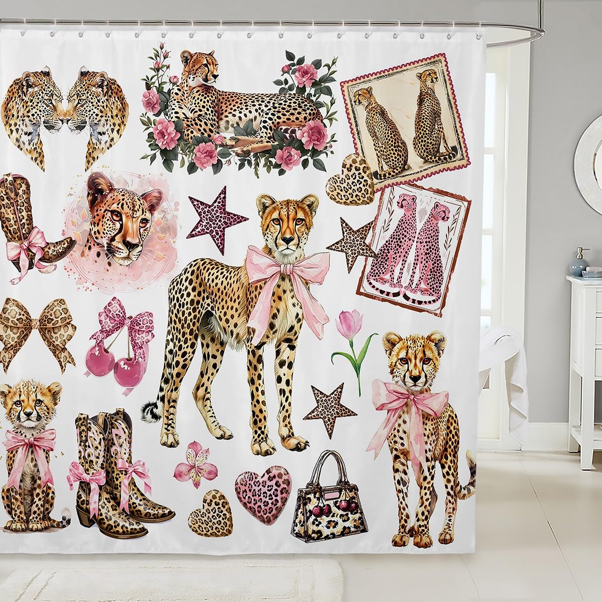 Rideau de douche guépard imperméable avec 12 crochets pour salle de bain