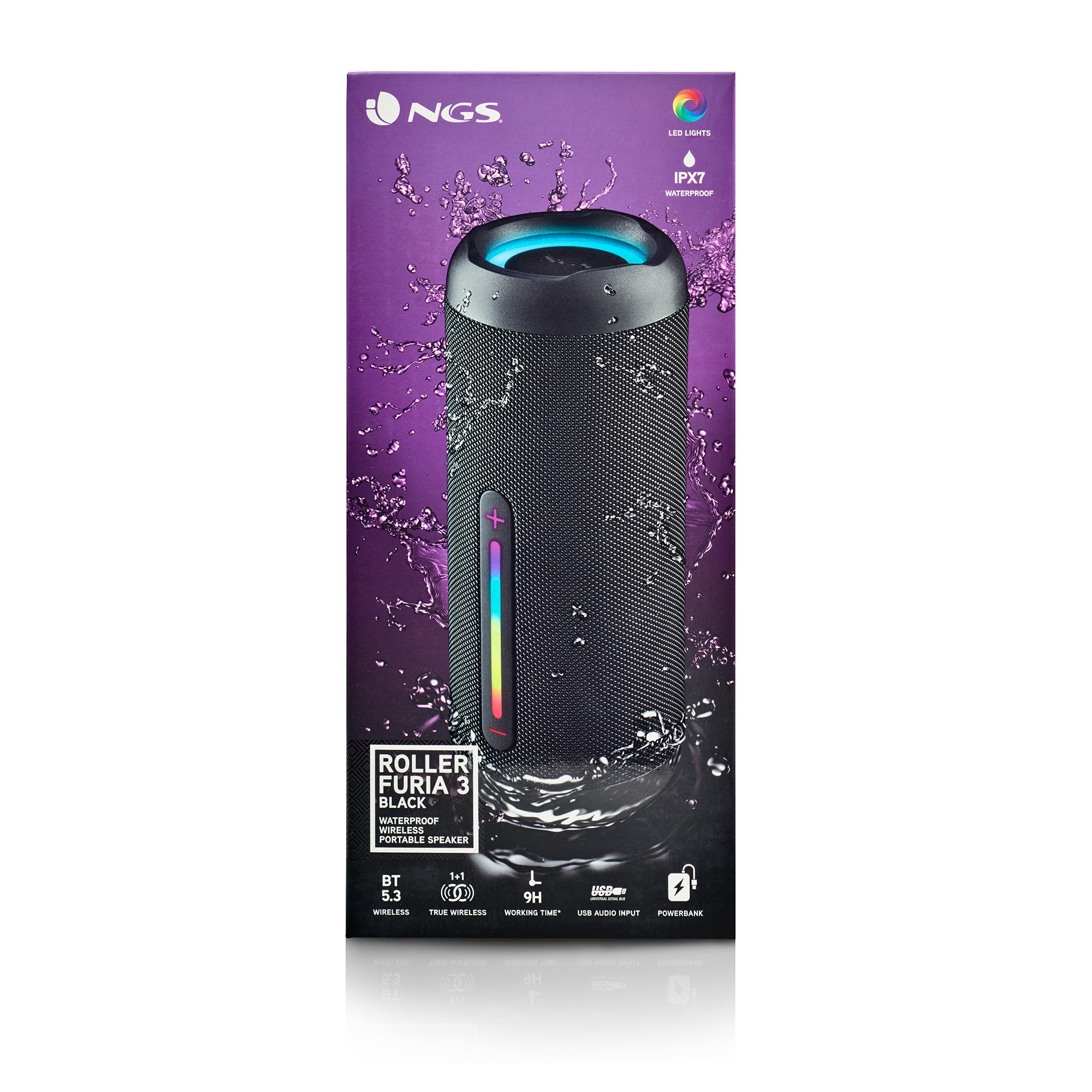 NGS Roller Furia 3 Black - Altoparlante Wireless Compatibile con Bluetooth, Impermeabilità IPX7, 60 W, True Wireless, USB, Durata Batteria 9 Ore, Nero