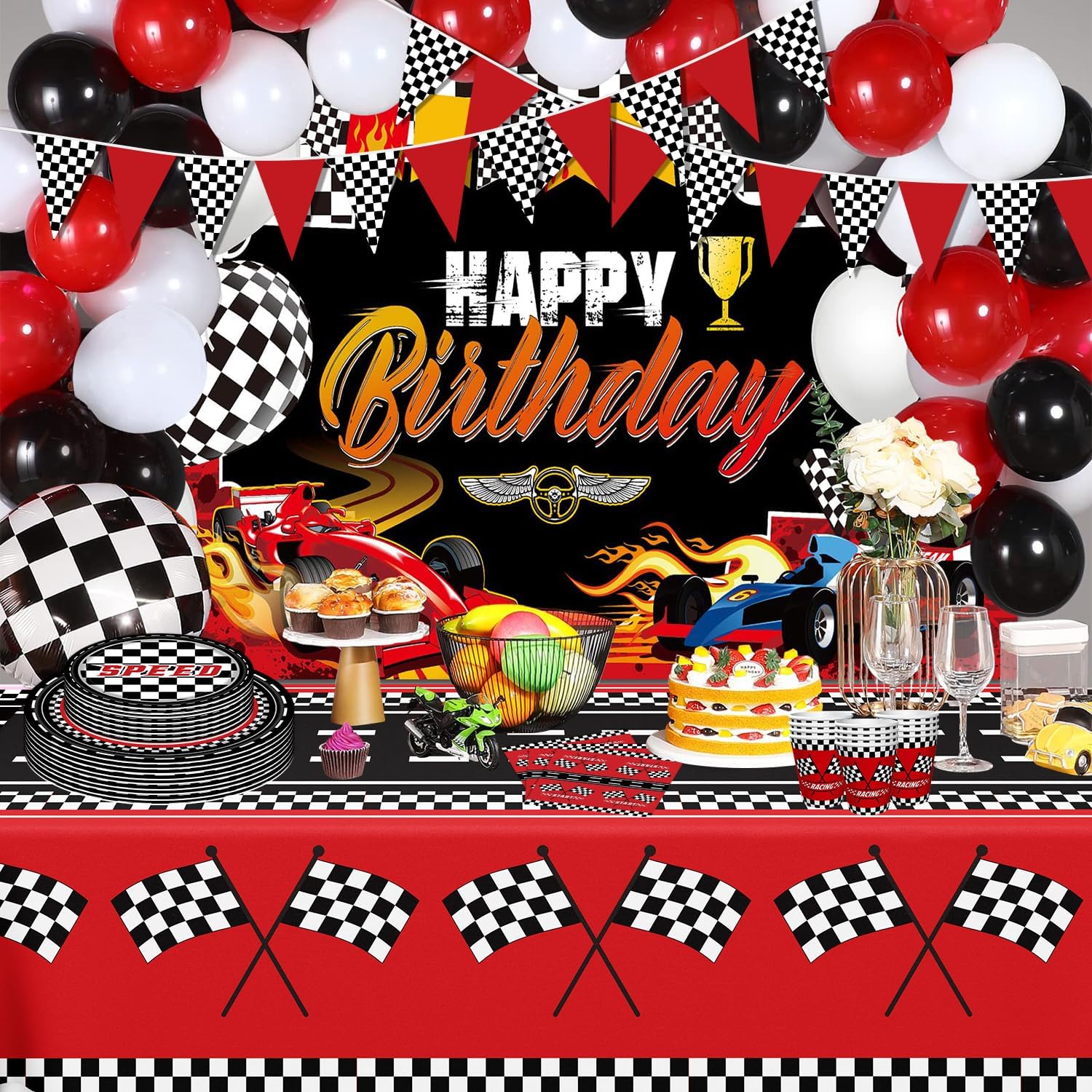 83Pcs Racing Car Theme Party Supplies Set Race Car Party Binnerware Set Racecar Birthday Decorations Checkered Racer Birthday Dinnerware Start Engines Racing Themed Tableware Set Serves 20 - Image 8