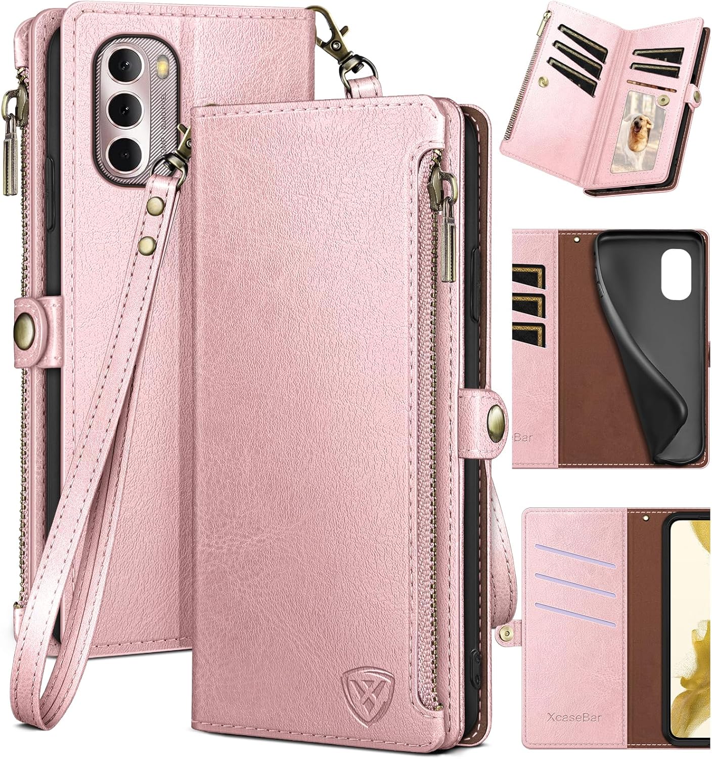 XcaseBar for Moto G Stylus 2022 5G Wallet case with Zipper Credit Card Holder【RFID Blocking】, Flip Folio Book PU Leather Phone case Shockproof Cover Women Men for Stylus2022 5G case Wine Red