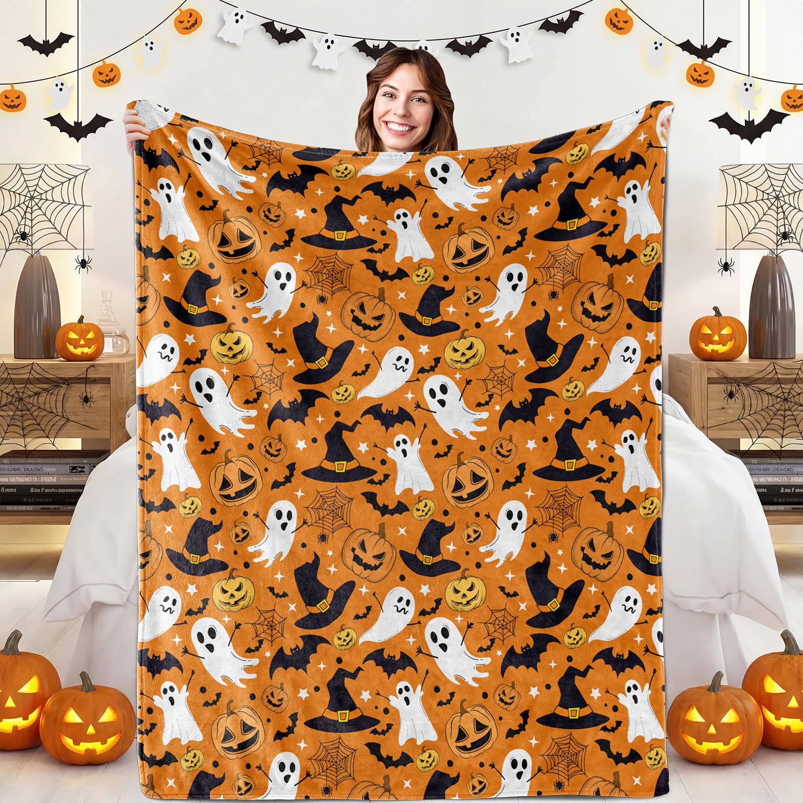Orange Halloween Blanket, Spooky Pumpkin Ghosts Fleece Throw Blanket for Kids, Fall Halloween Decorations Gifts for Kids Women Birthday, 40x60 Inches