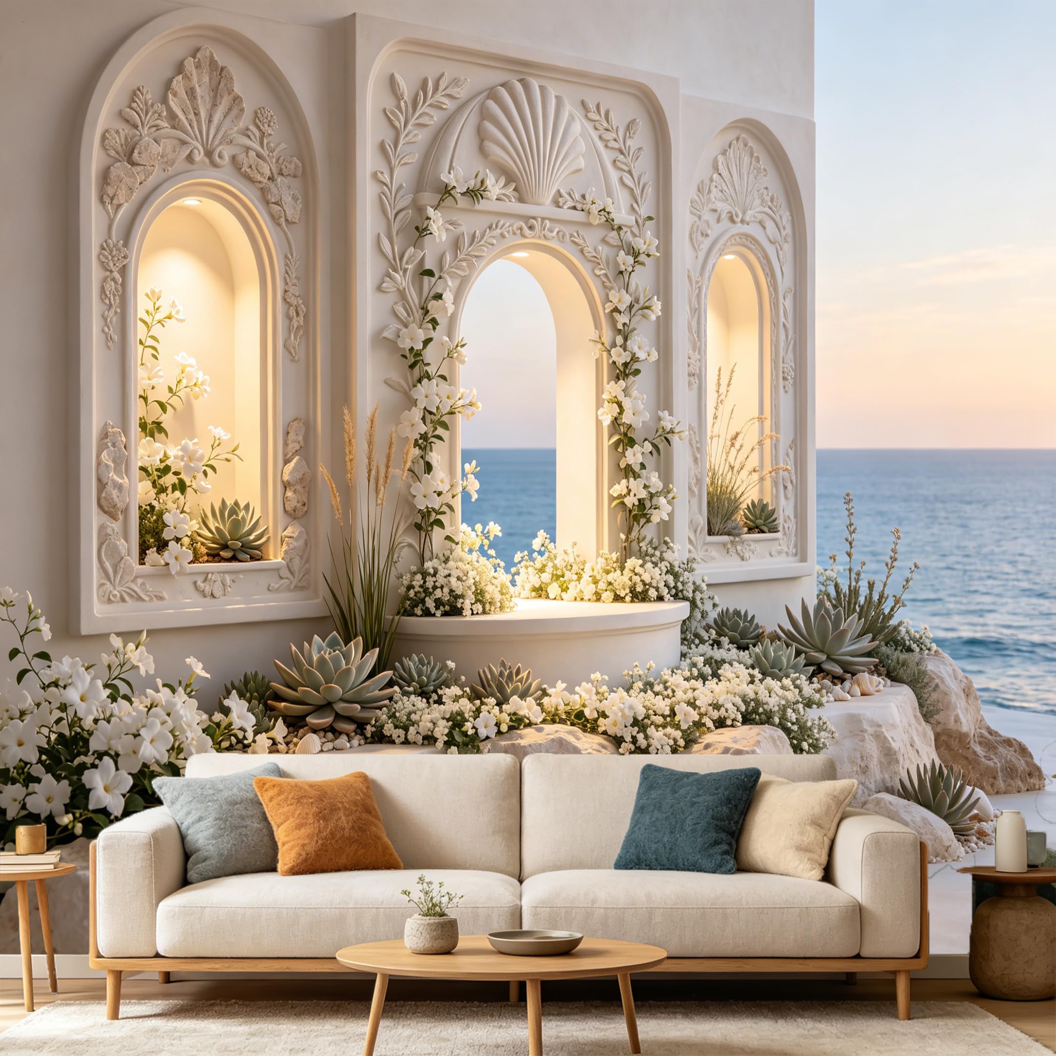 Custom Size Wall Mural， Mediterranean White Arch Coastal Sea View Botanical Flower Succulents， SelfAdhesive Art Prints wall Fabric Removable Large Wallpaper Home Living Room Decor