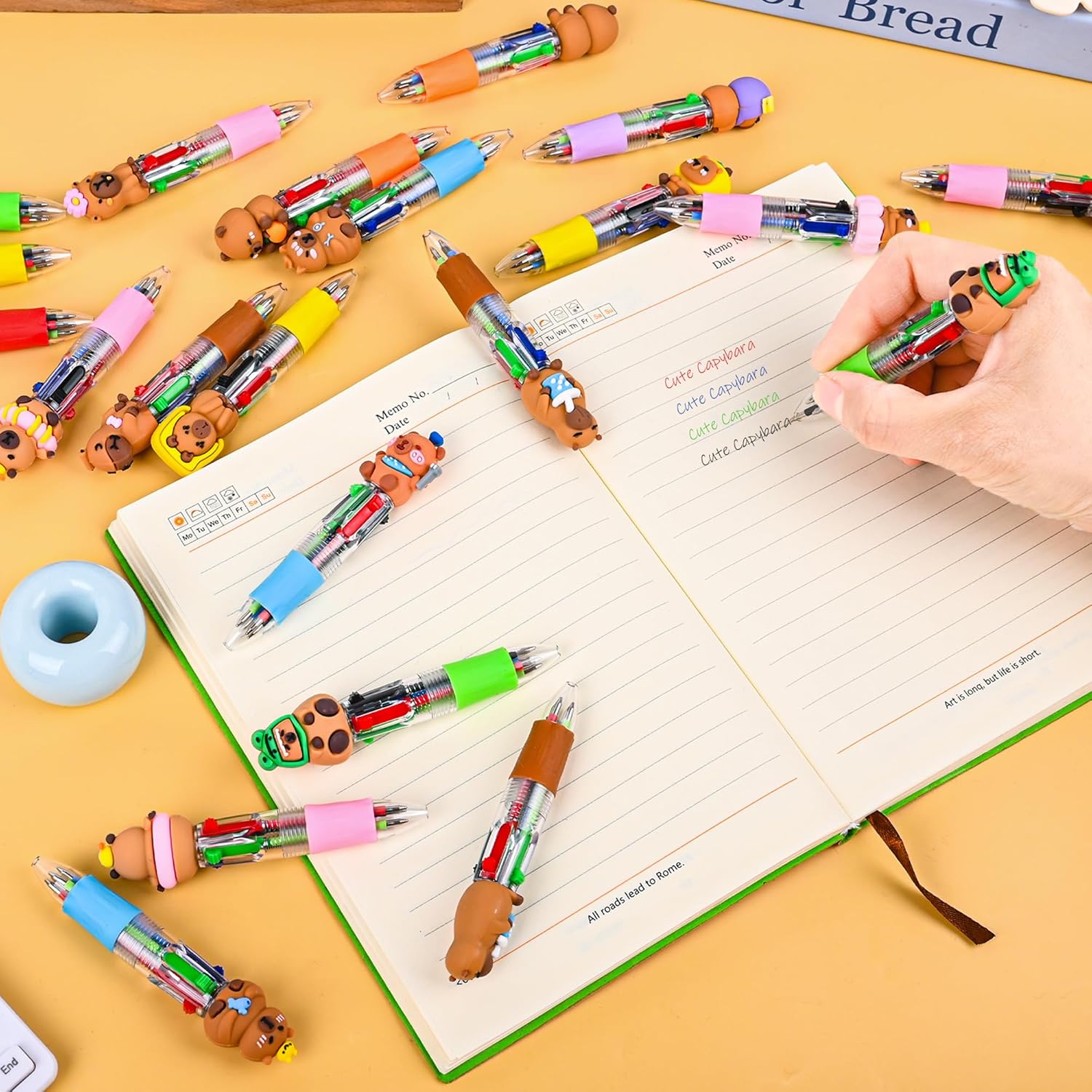 LiYiQ 50 Pcs Capybara Party Favor Multicolor Pen in One Cartoon Cute Fun 4-in-1 Cute Pens Bulk Kawaii Capybara Ballpoint Pens for Fun Gifts
