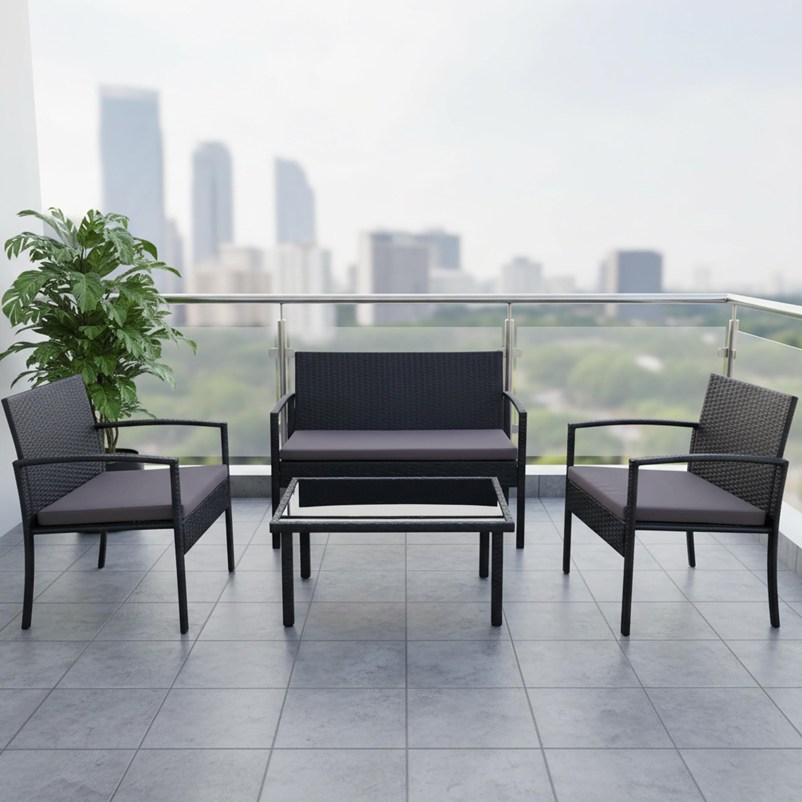 Relaxdays Ensemble Jardin 4 pcs, rotin synthétique, Noir, Banquette 2 Places, 2 chaises, Table Verre, 4 pers.