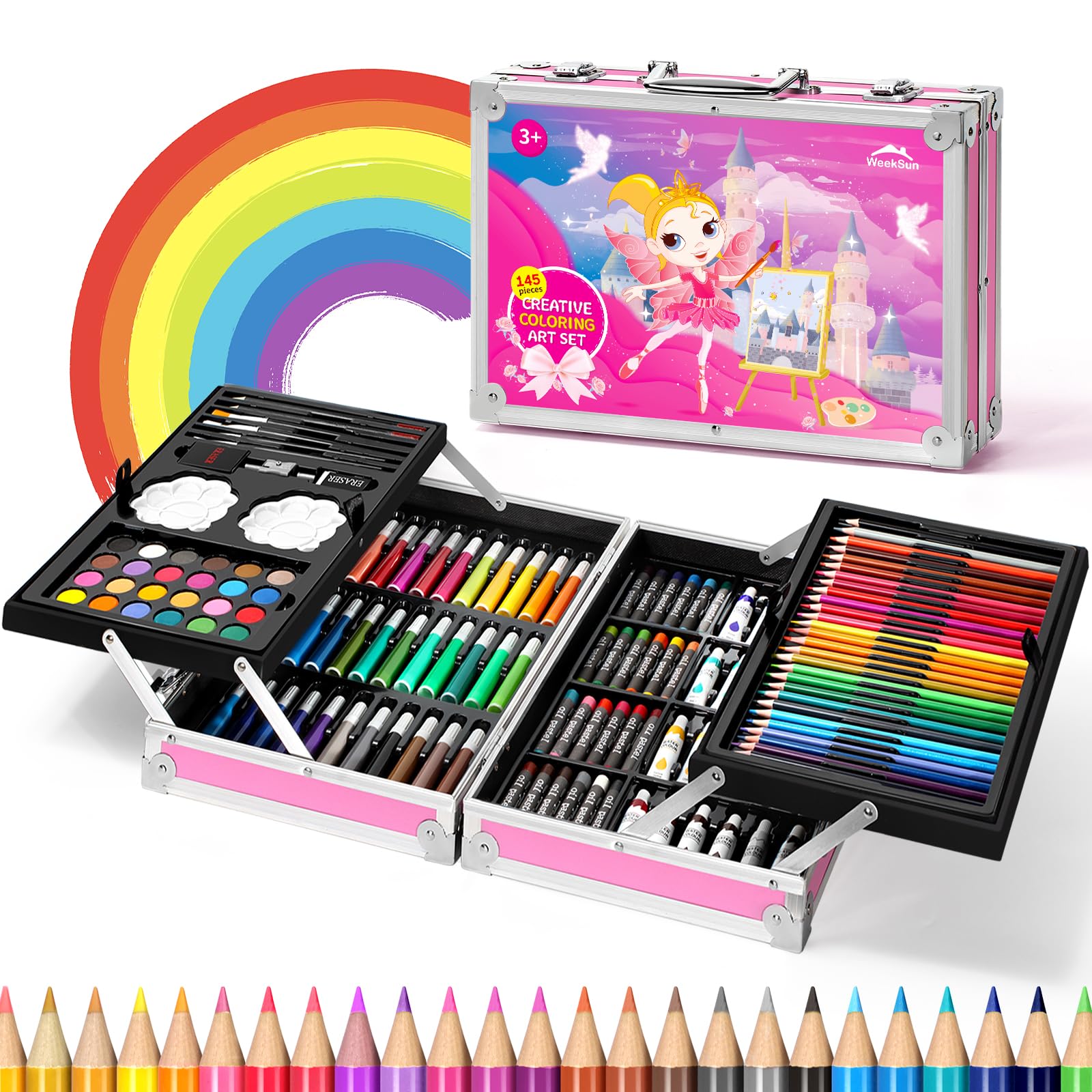 WEEKSUN 145 Pieces Art Set in Castle Theme, Drawing Kit with Crayons, Oil Pastels, Colored Pencils, Sketch Pencils, Watercolor Cake, etc, Art Supplies Gift for Kids Teens Adults Artists