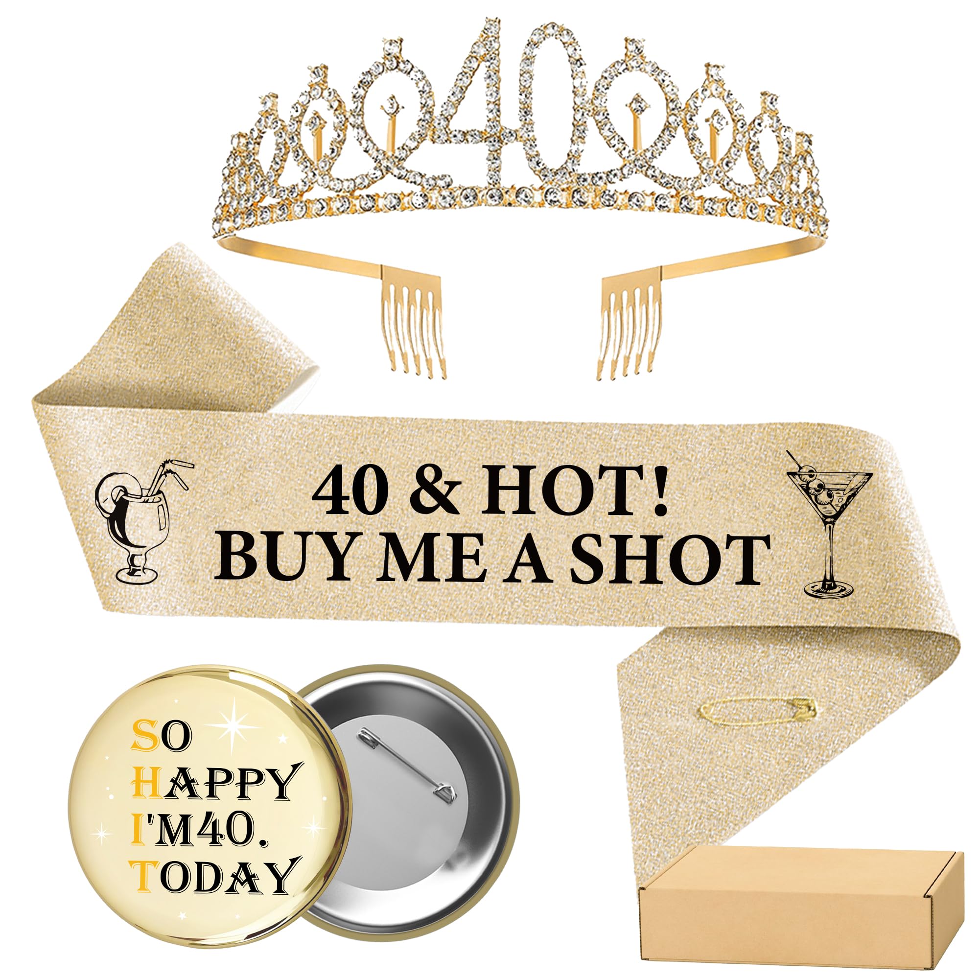 40th Birthday Sash Tiara Badge - 3 Pcs Champagne Gold 40 & Hot Buy Me A Shot Sash So Happy I'm 40 Today Badge Number 40 Rhinestone Crown for Women 40th Birthday Decorations Supplies and Gifts