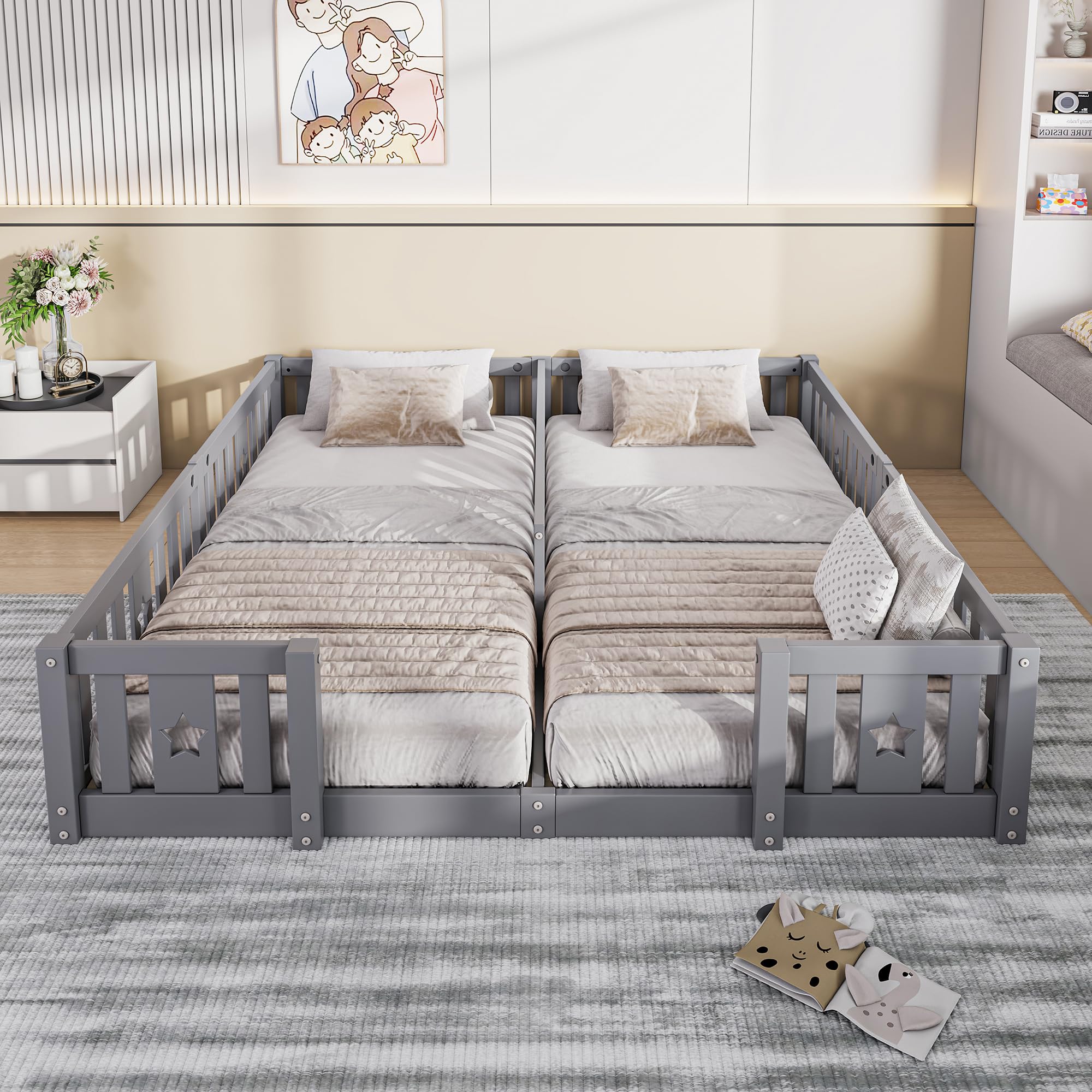 BRILVERDE Letto a terra per bambini 180x200 cm, struttura in legno massiccio con protezione anticaduta perimetrale – con rete a doghe, letto per bambini, letto per adolescenti, in legno di pino – per