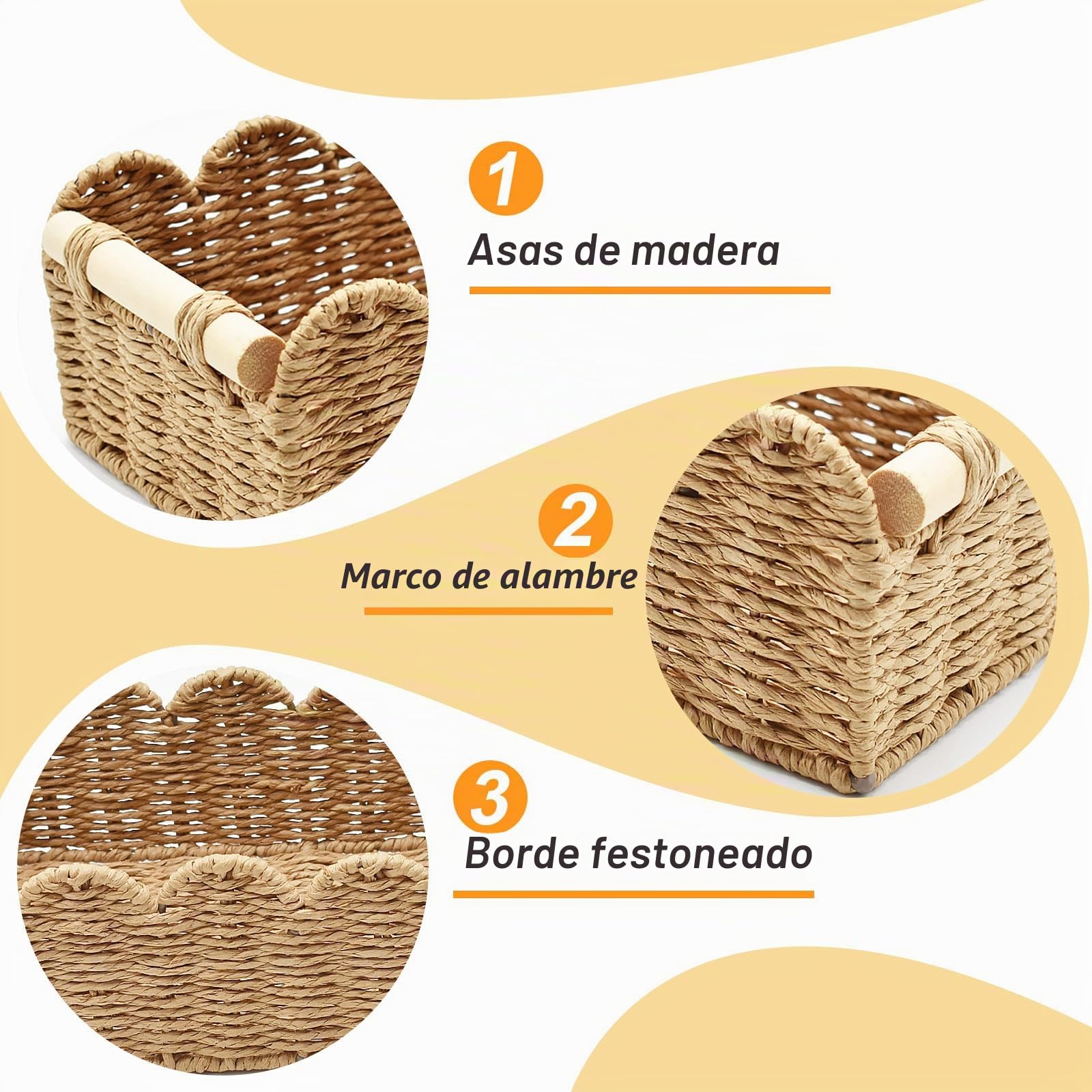 2 Piezas Cestas Almacenaje de Mimbre, Cestas Almacenamiento Papel Higiénico Tejidas con Asas de Madera, Cajas Organizadora Decoración Mesa para Cocina, Baño, Oficina, Salón (Marrón)