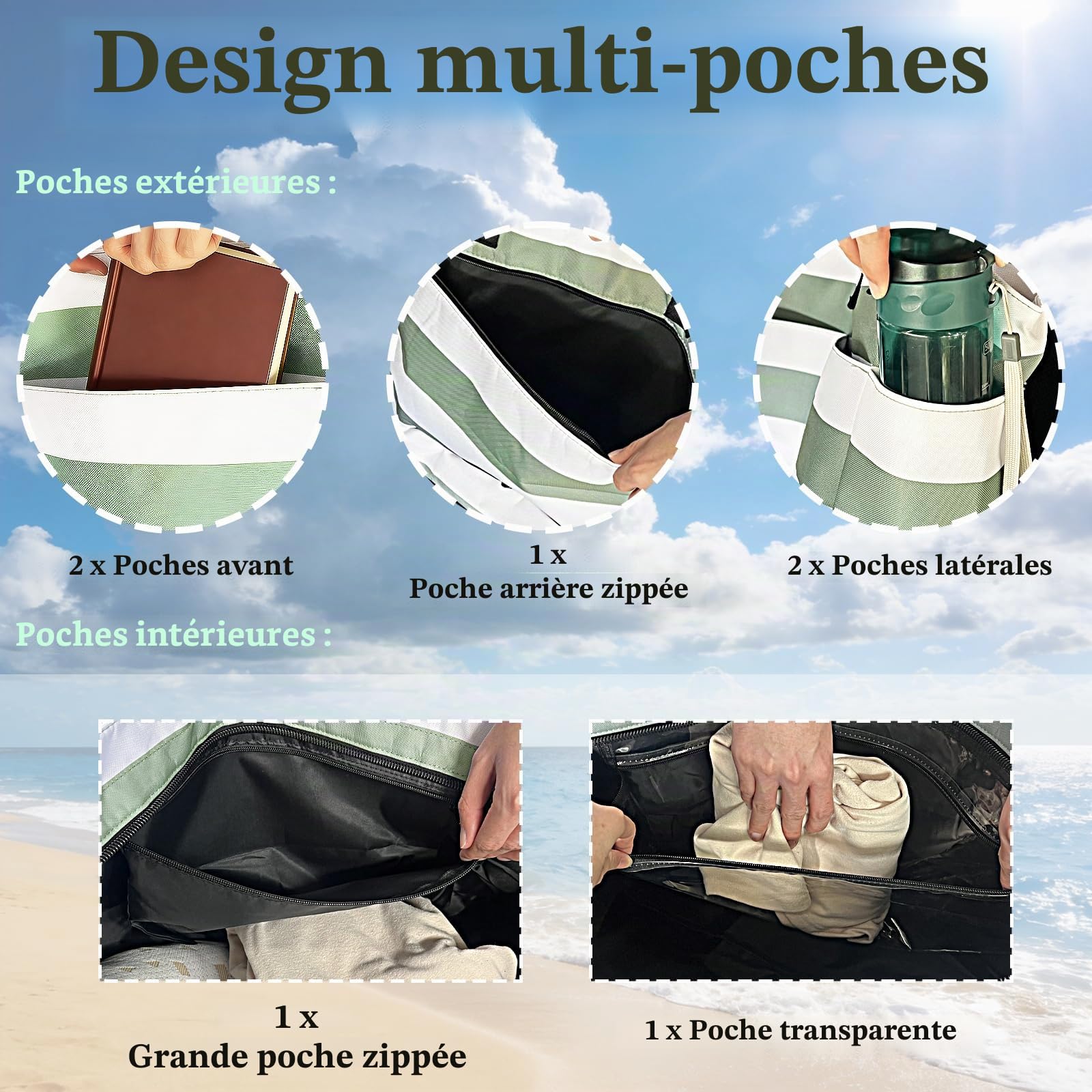 Sac de Plage Sac Fourre Tout Sacs de Plage, Sac Plage Pliable et Léger, Cabas Plage Pliable Léger, Grand Sacs de Plage Femme avec Démontable Sac Isotherme