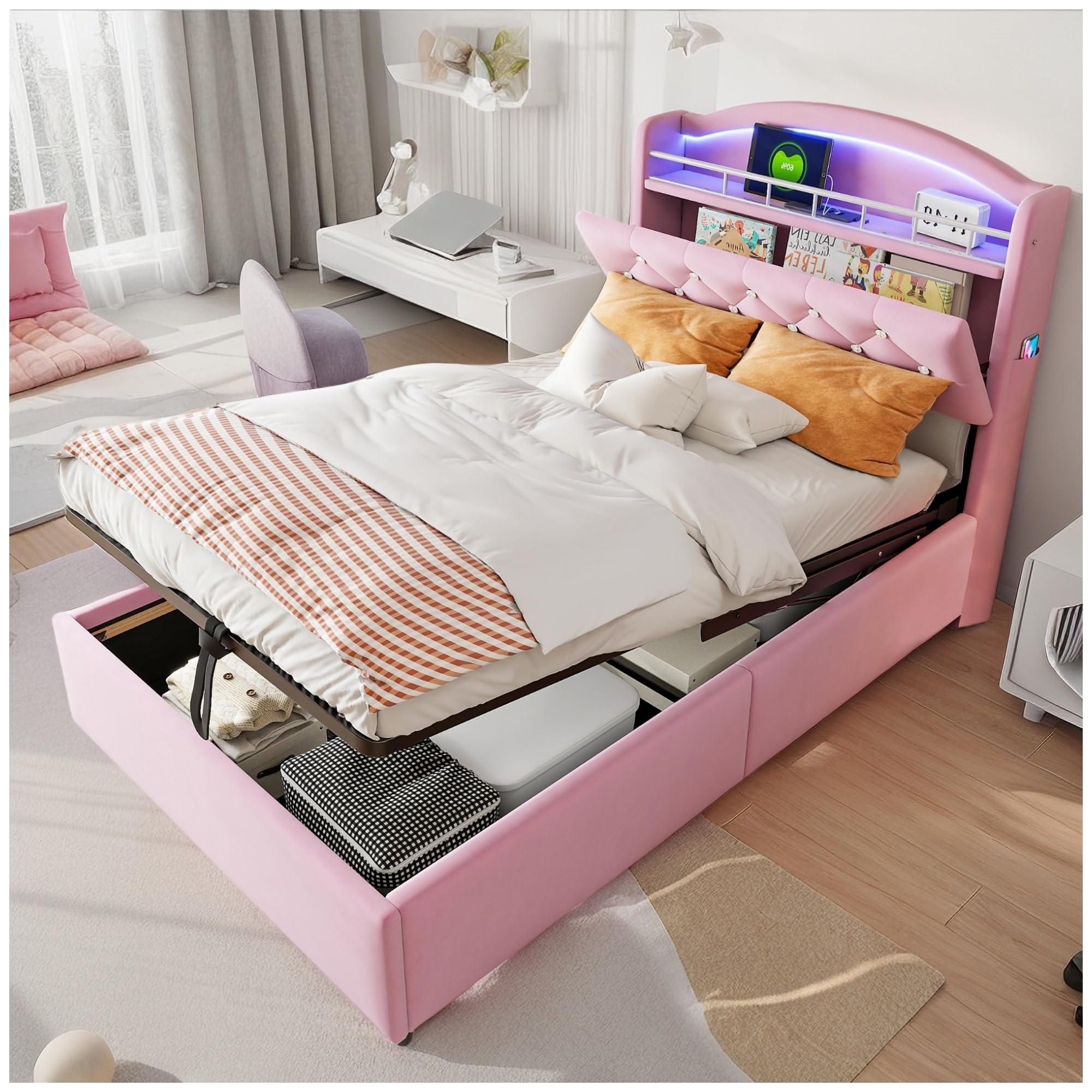 Letto imbottito per bambini,90x200cm,3 USB+C,illuminazione a LED,contenitore idraulico,contenitore e tasche laterali,letto multifunzionale,letto singolo,velluto,senza materasso,Rosa