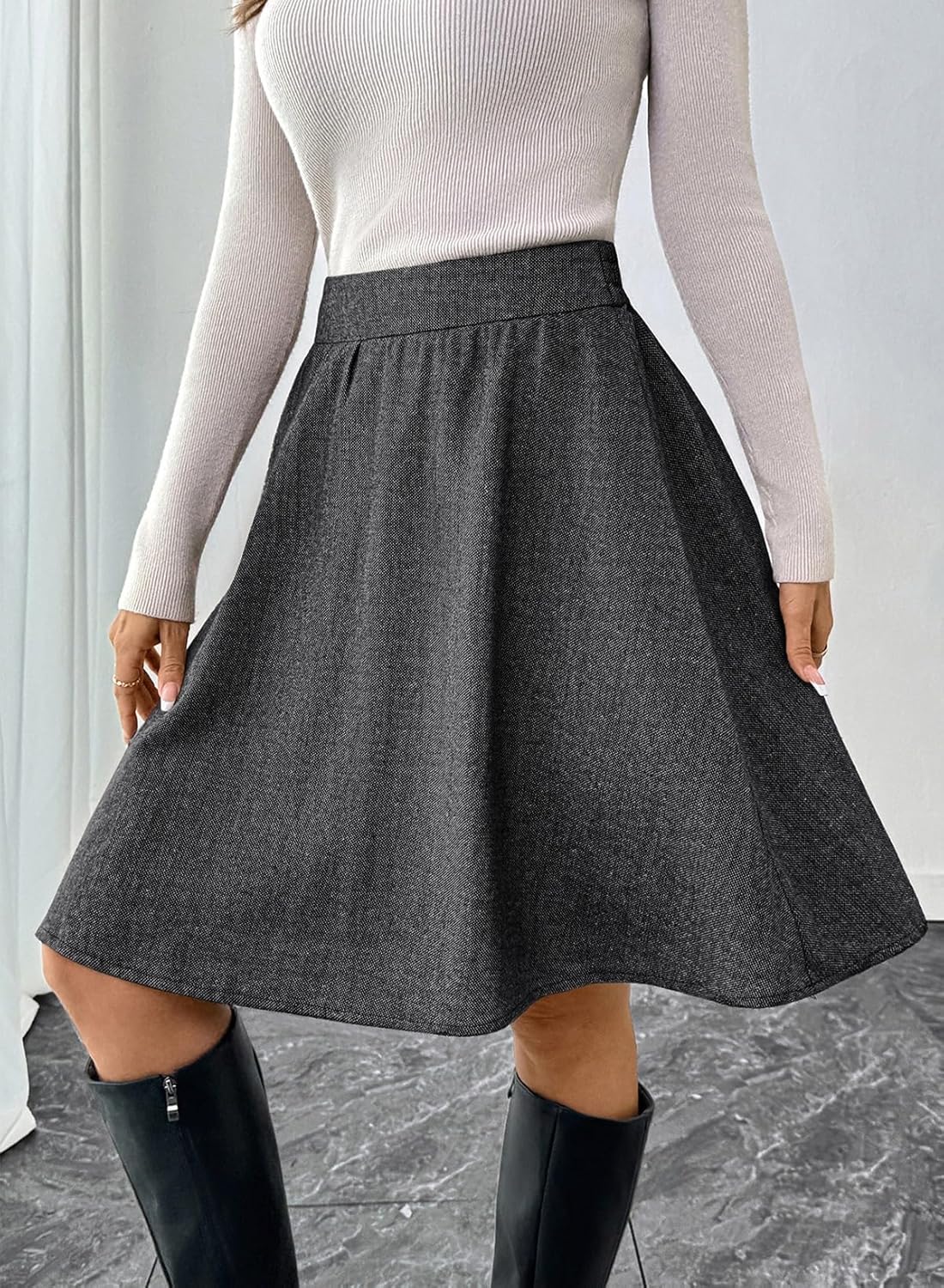 Happy Sailed Womens Winter Fall Tweed High Waisted Flared Mini Skater Skirt A Line Pleated Midi Skirts - Image 4