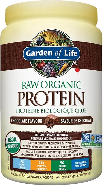 Garden of Life Raw Organic Protéines, Chocolat, 664g. emballés avec 22 Grams of Protéines végétales biologiques certifiées, y compris les pois biologiques cultivés et transformés au Canada.
