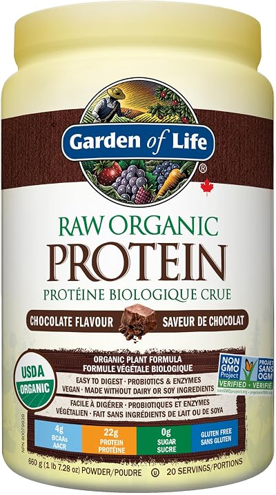 Garden of Life Raw Organic Protein, Chocolate, 664g. Packed with 22 Grams of Certified Organic Plant Protein, including organic peas grown and processed in Canada.