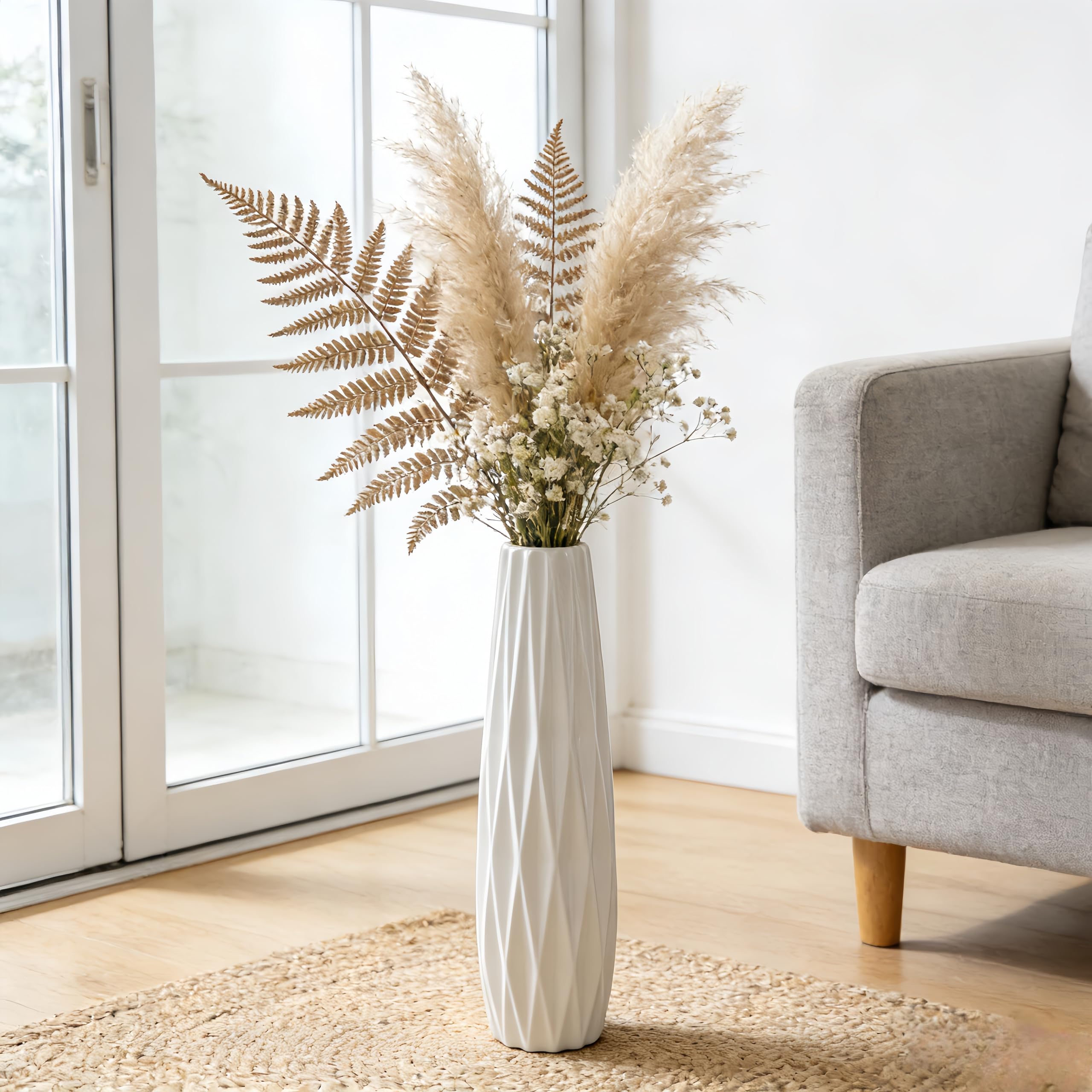 Vaso da pavimento in ceramica bianca alto 45 cm – Vaso decorativo grande per tavolo, scaffale, soggiorno – Porta fiori per fiori secchi – Design semplice