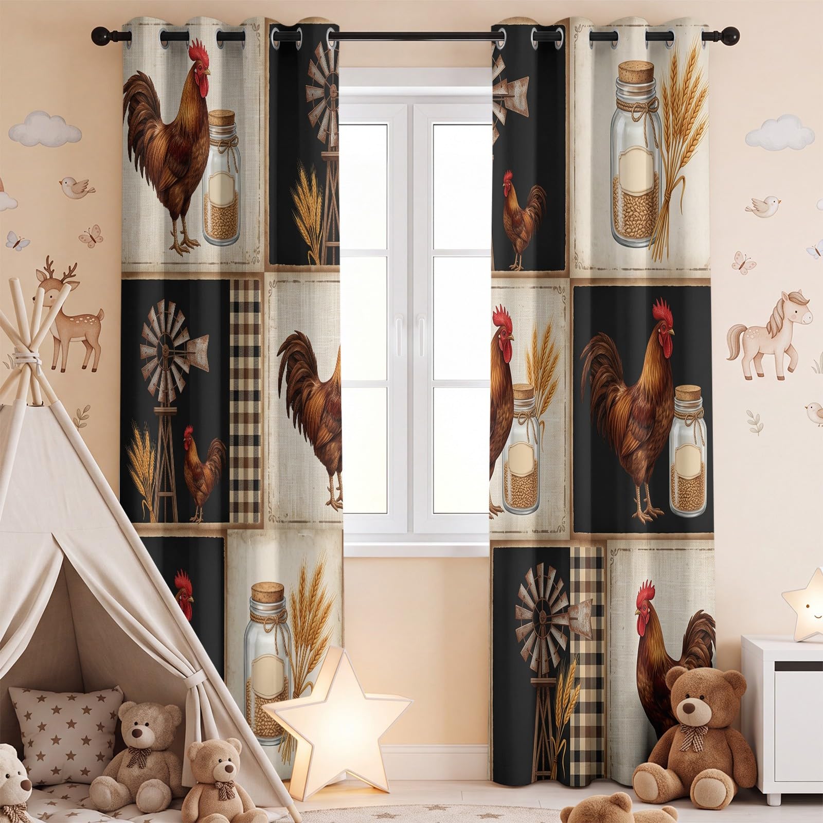 Generisch Vorhänge Wohnzimmer Kariert Landhausstil, Gardinen Blickdicht Hühner Schalldämmend Energiesparend, Thermo Sichtschutz für Privatsphäre Ösen, B 132 x H 160 cm