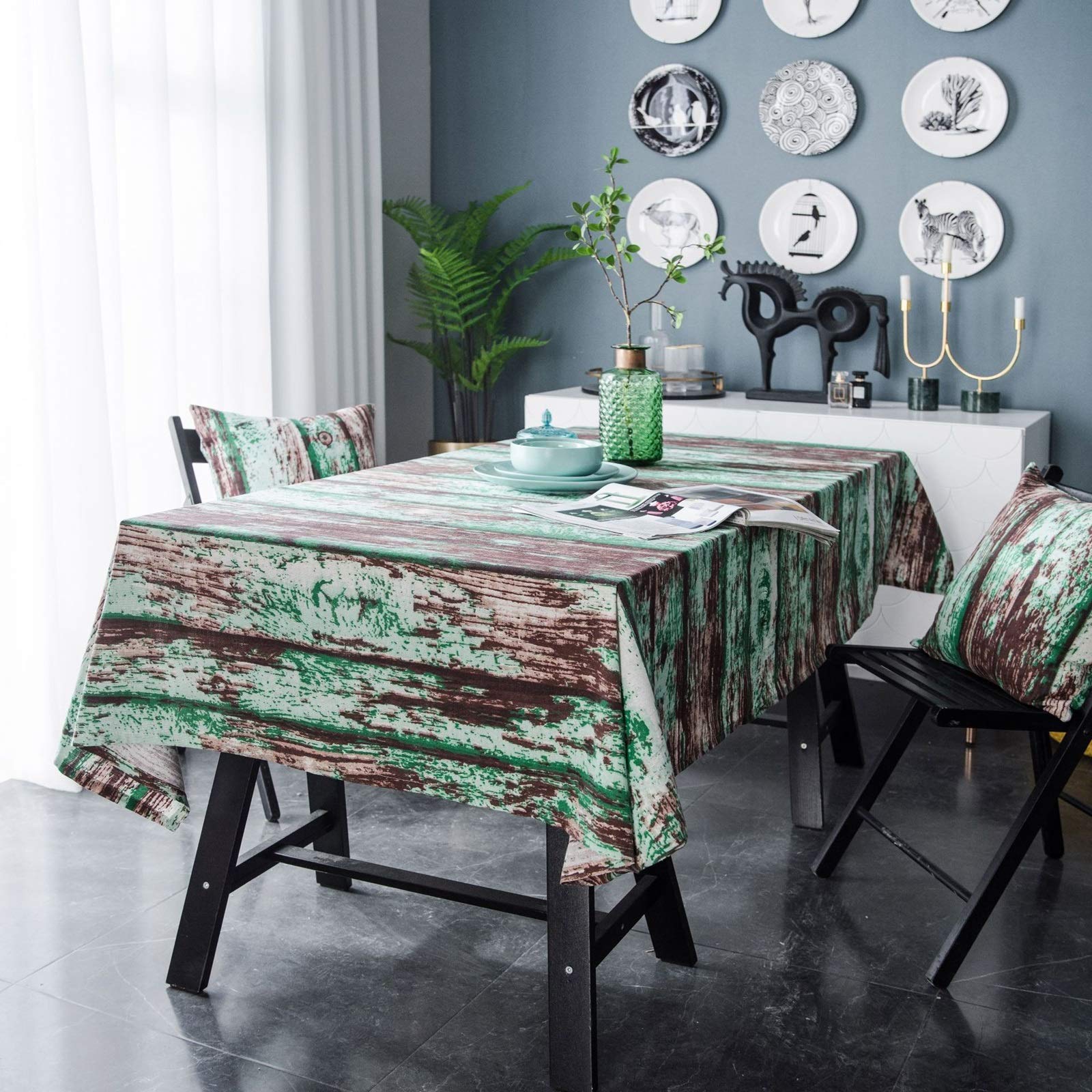 Nappe lin coton 140x260 cm motif bois vert pour table rectangulaire moderne