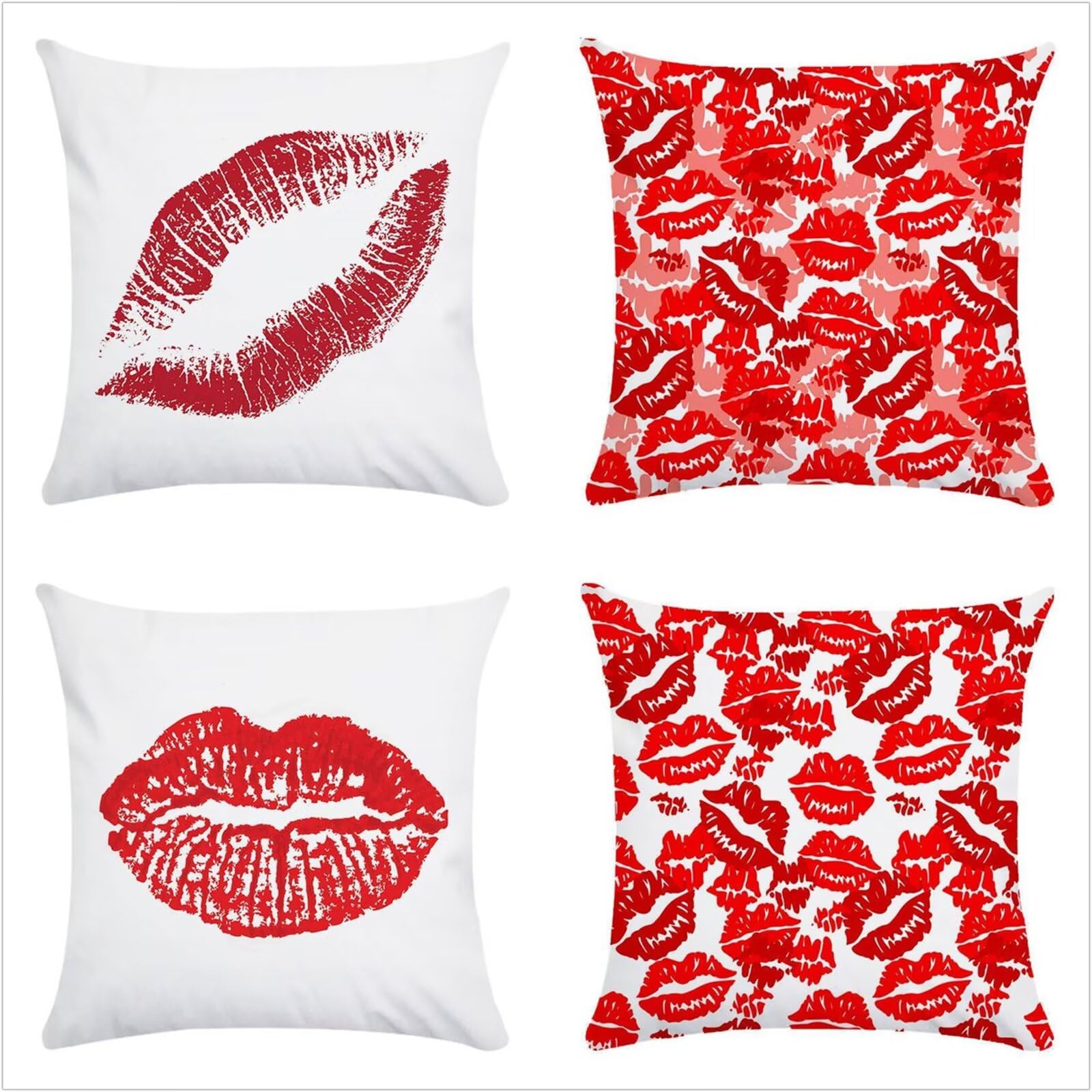 Juego de 4 Impermeable Funda de Cojín Labios Rojos Sexy,55x55cm Moderno Suave Transpirables Lino Fundas de Almohada Cojines Decorativos con Cremallera Oculta para Exterior Sofá Cama Coche Hogar
