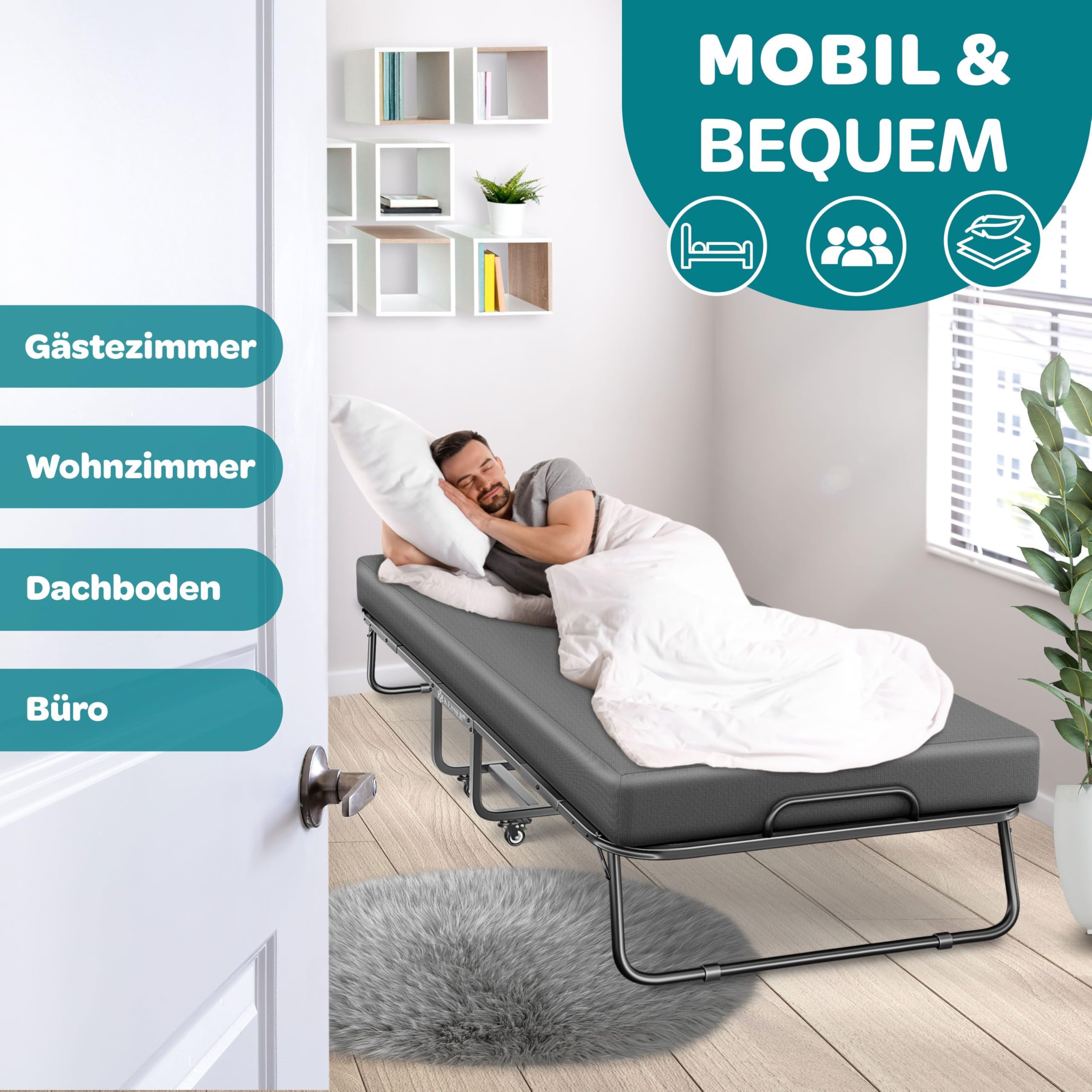 KESSER® Klappbett 200x90cm Gästebett inkl. Matratze aus Memory-Schaum & Rollen | faltbares Reisebett mit Metallrahmen für Erwachsene belastbar bis 250kg | Metallbett mit Schaumstoffmatratze & Cover