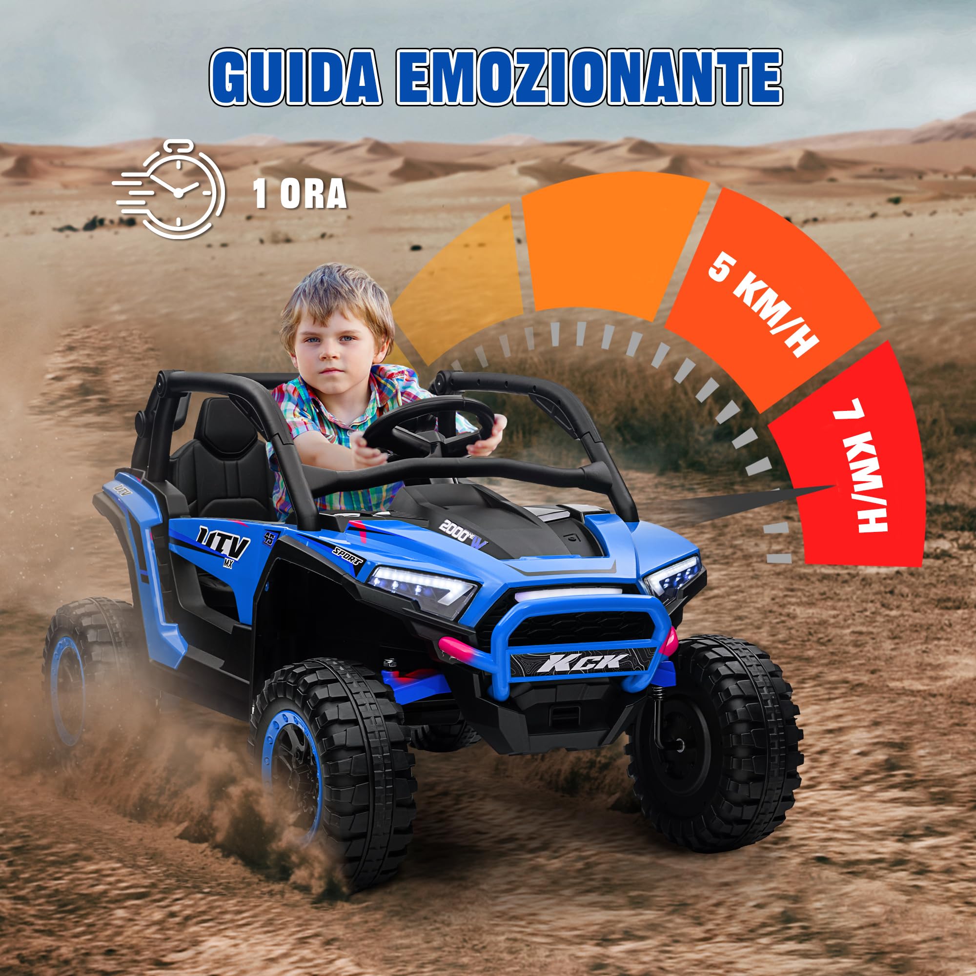 AIYAPLAY Macchina Elettrica per Bambini 2 Posti 24V 4 Motori, Auto Elettrica Bambini 3-8 Anni con 3 Velocità, Musica Integrata, Clacson, Luci, Sospensione a Molla e Telecomando, Velocità 5-7km/h, Blu