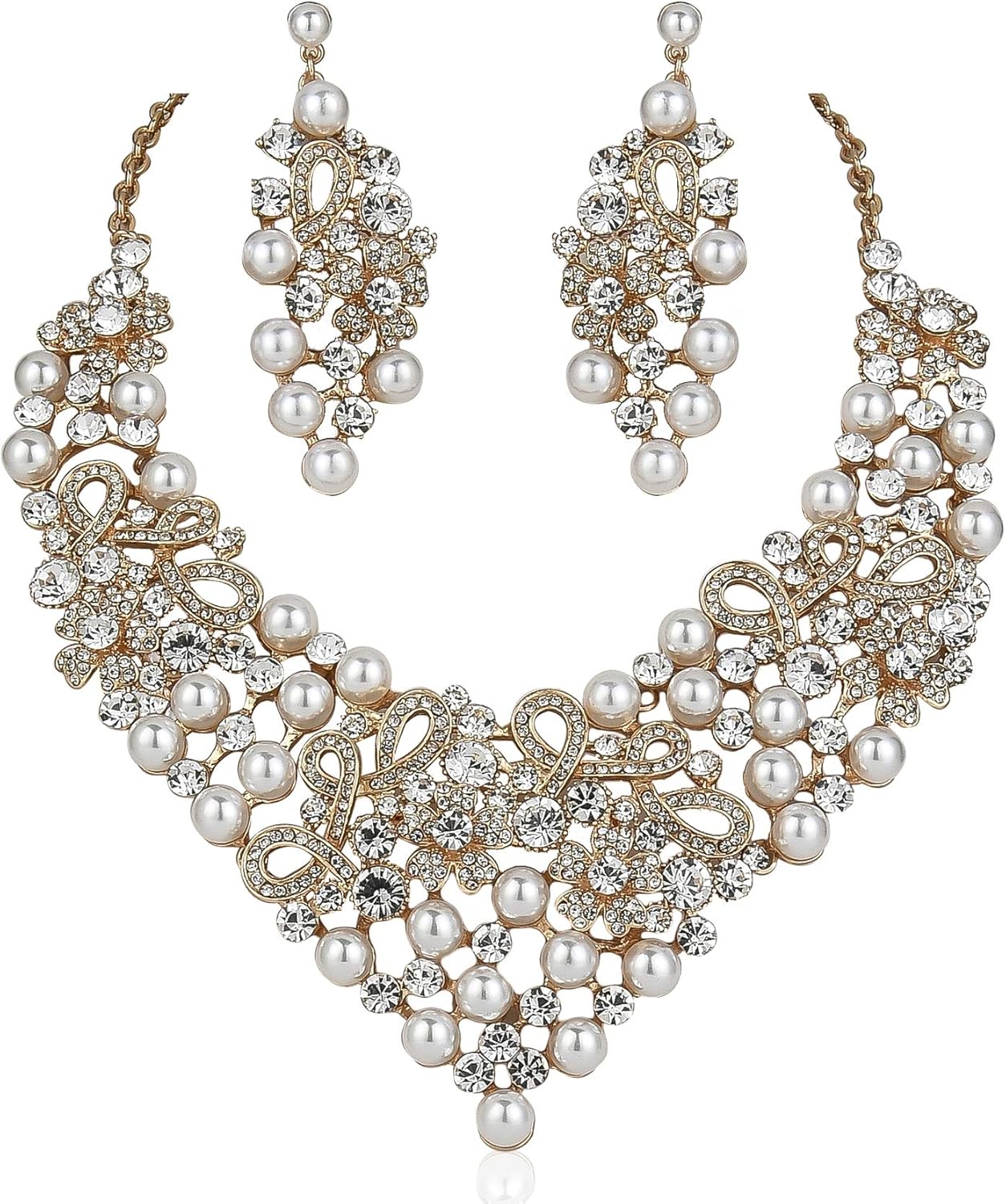 Daisy Faux Pearl Off White Austrian Rhinestones Bib Necklace Earrings Set N923