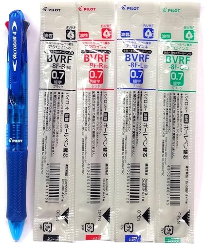 PILOT Acroball 4 Bolígrafo multicolor, 0.028 in, cuerpo azul transparente + 4 recambios de tinta de color (negro, rojo, azul y verde)