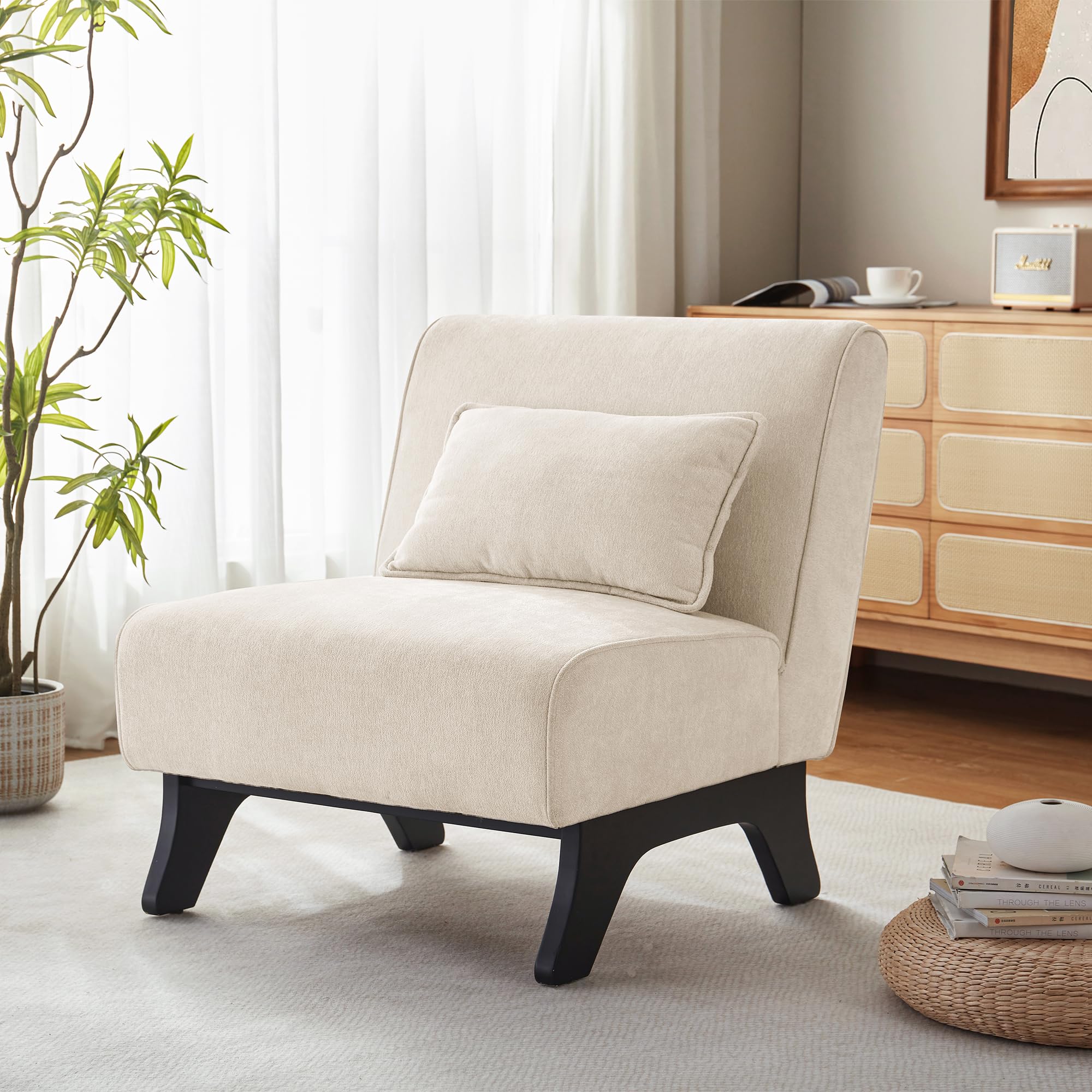 upholstered armless accent chair,modern comfy living room chairs with wooden legs& pillows, side chair for bedroom women reading beige