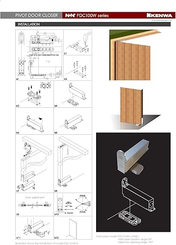 Miniatura 8 de NHN Modelo PDC105W-S SSS - Cierrapuertas ocultas de cierre automático hidráulico para puertas de madera y acero (Hold Open 90degree) (Hold OpenMax.