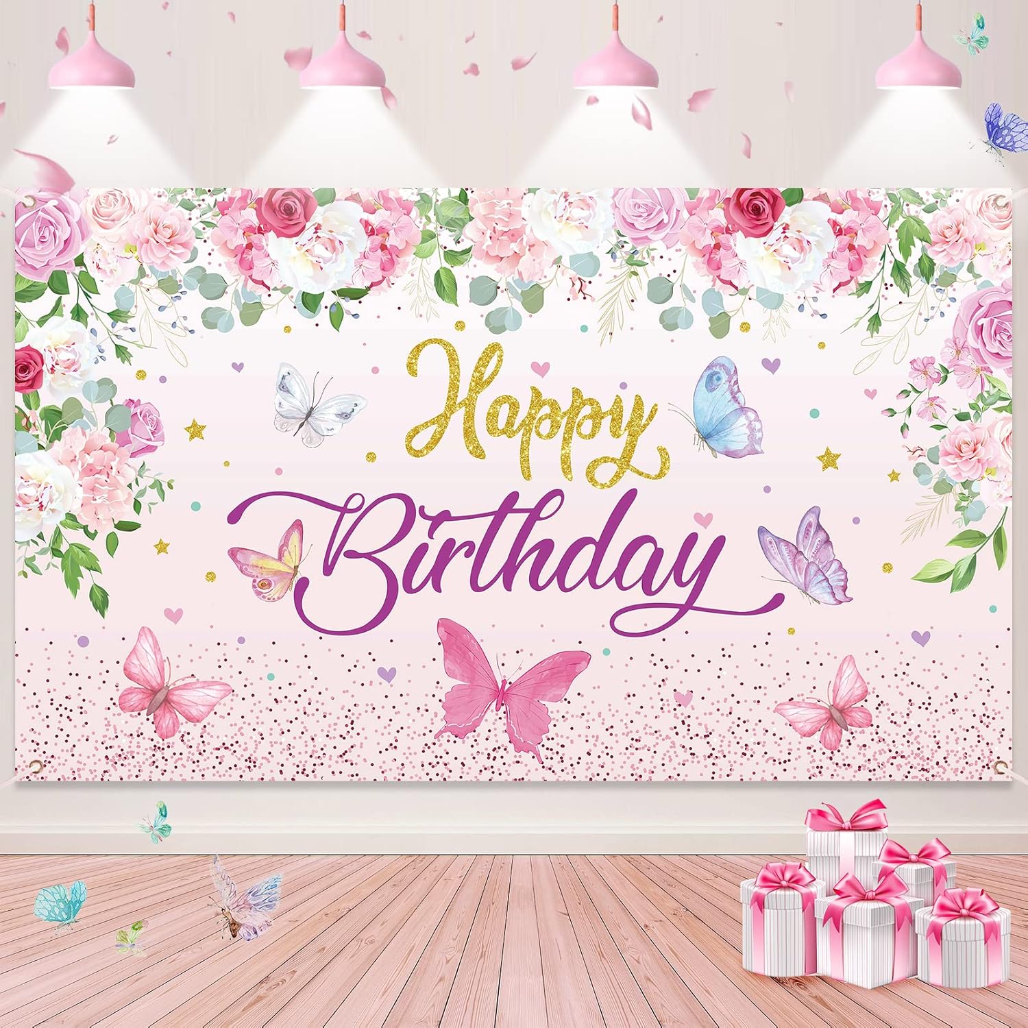 Butterfly Happy Birthday Banner, Pink Butterfly Decorations
