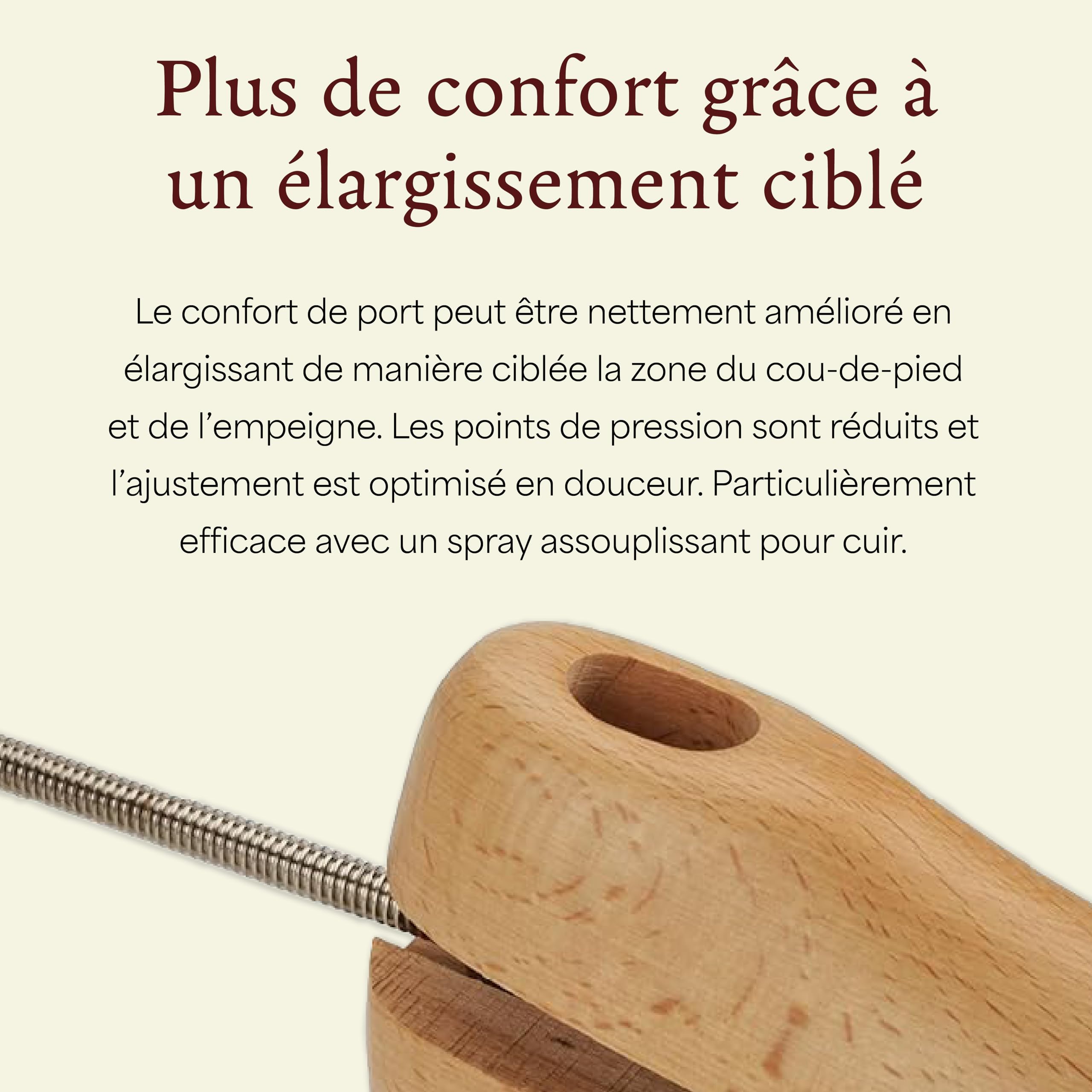 Langer & Messmer élargisseur de chaussures et de bottes pour le cou-de-pied pour hommes contre les chaussures qui serrent fabriqué en bois de hêtre massif y compris spray d'élargissement du cuir 50ml