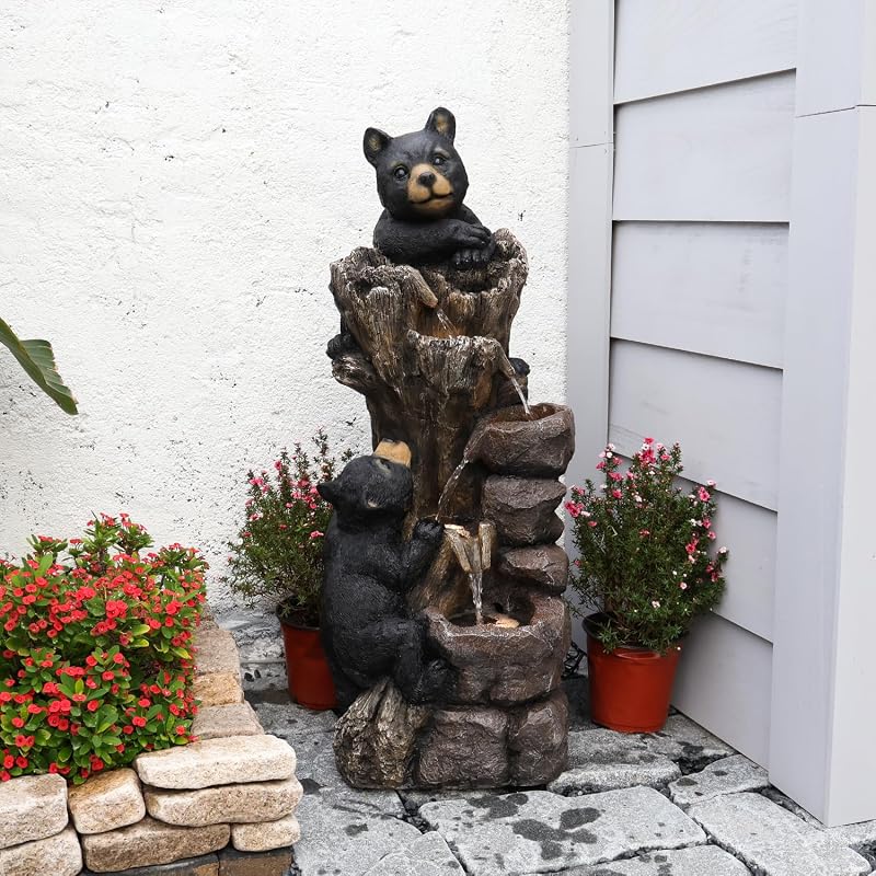 YZM 40.16" H 5 Tier Outdoor Fountain Black Bears Climbing Tree Waterfall | Garden Water Fountain Water Feature Resin for Farmhouse Patio Yard Deck Home Lawn Porch House Relaxation Exterior Balcony