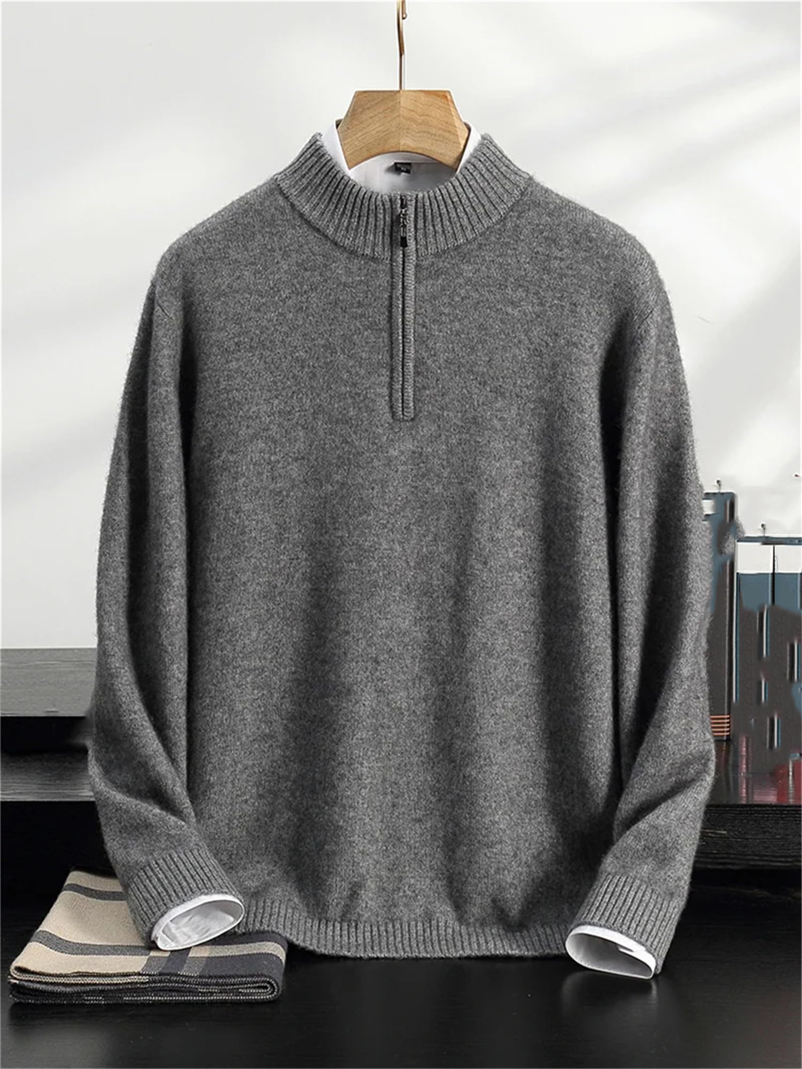 Herren Kaschmir-Pullover mit halbem Reißverschluss, Stehkragen, Winter, Kaschmir, Strickwaren, lässiger Pullover