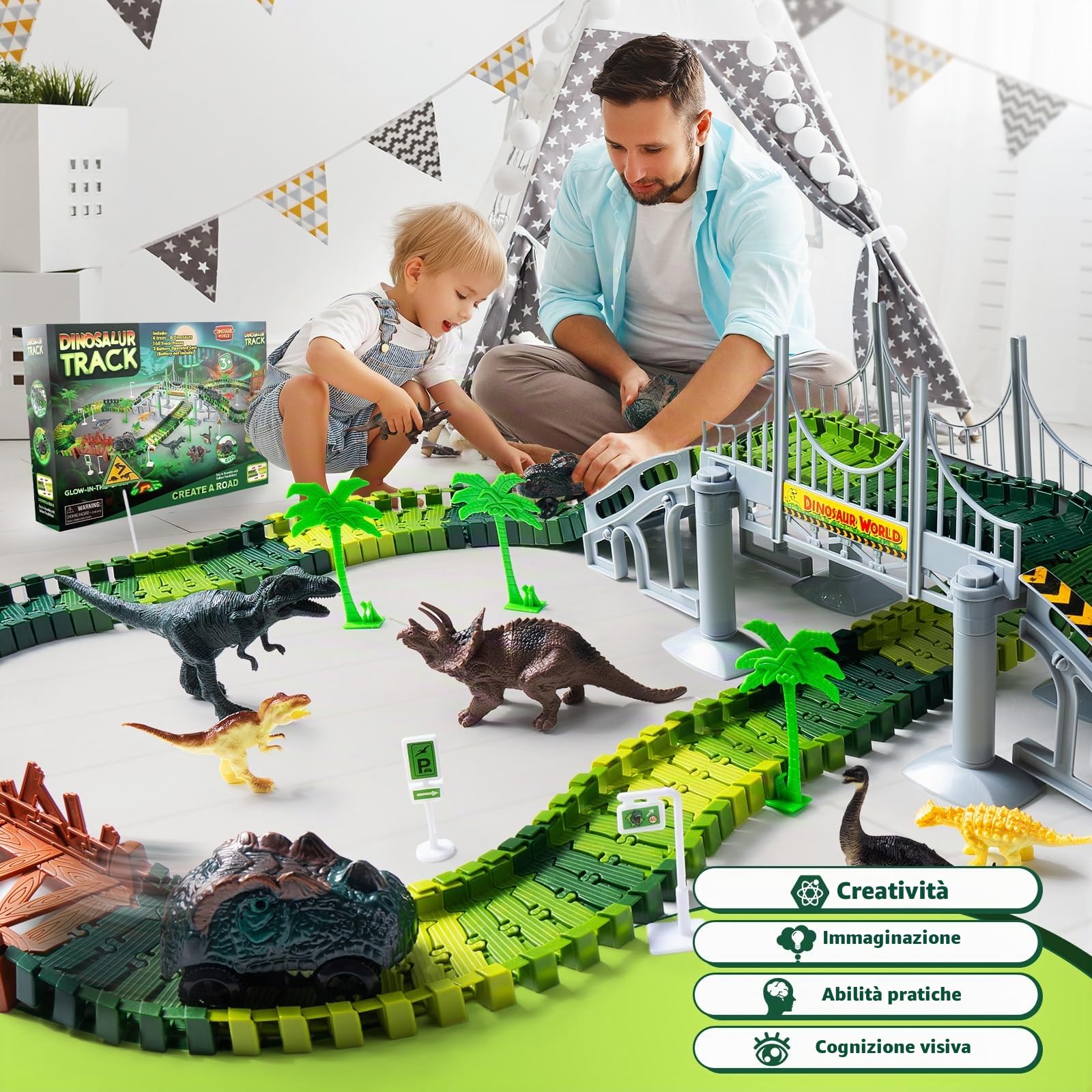 Pista Macchinine Dinosauro Giocattolo Autocarro Pista da Corsa Fai da te Giocattolo per Bambini con 2 Pezzi Dinosauri Auto per 3 4 5 6 Anni Ragazzi Ragazze compleanno festa favore regalo