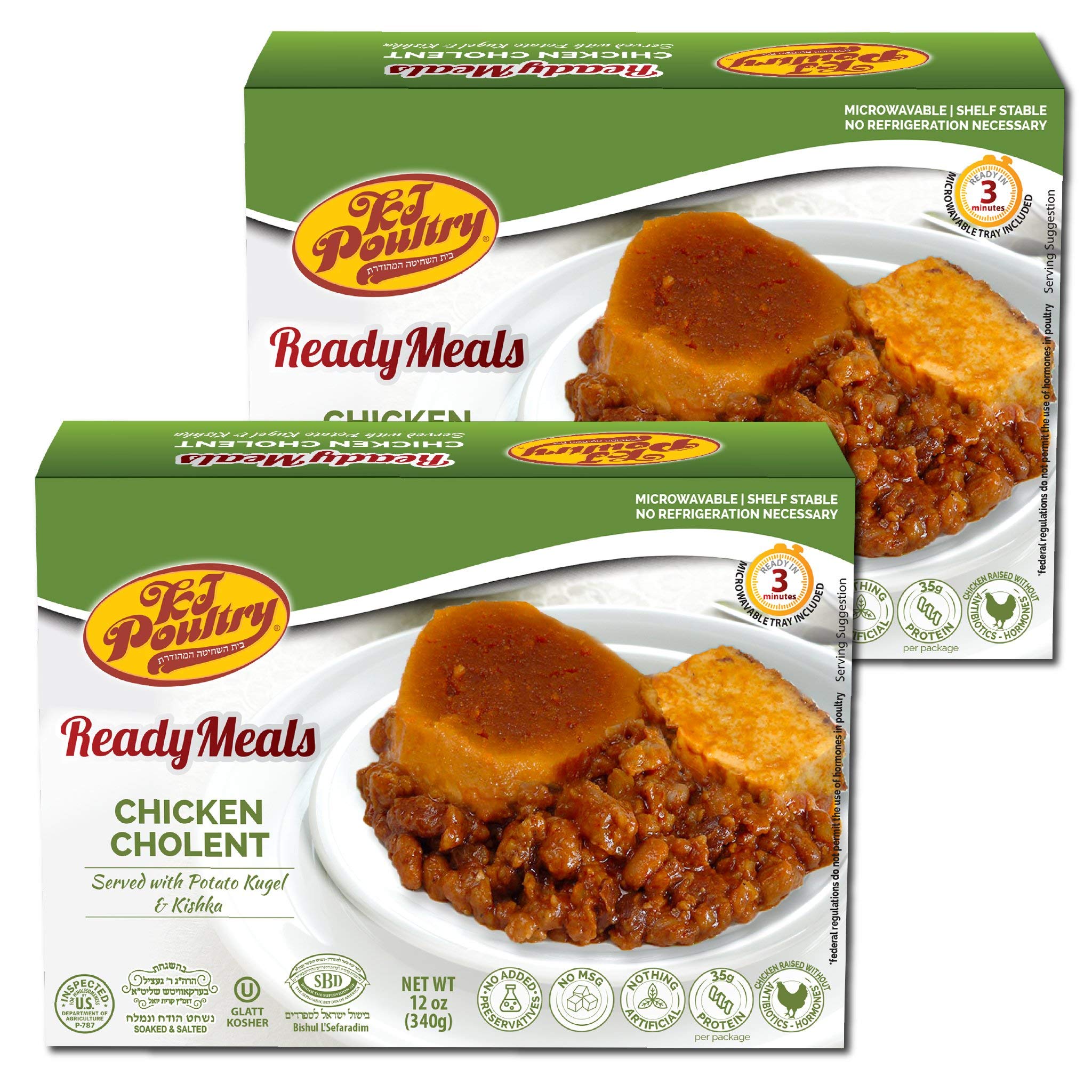 KJ Poultry Kosher Ready Meals - Chicken Chulent & Kugel, MRE Meat Meals Ready to Eat, Shabbos Food, Halal, (2 Pack) Prepared Entree Fully Cooked, Shelf Stable Microwave Dinner Travel Military Camping